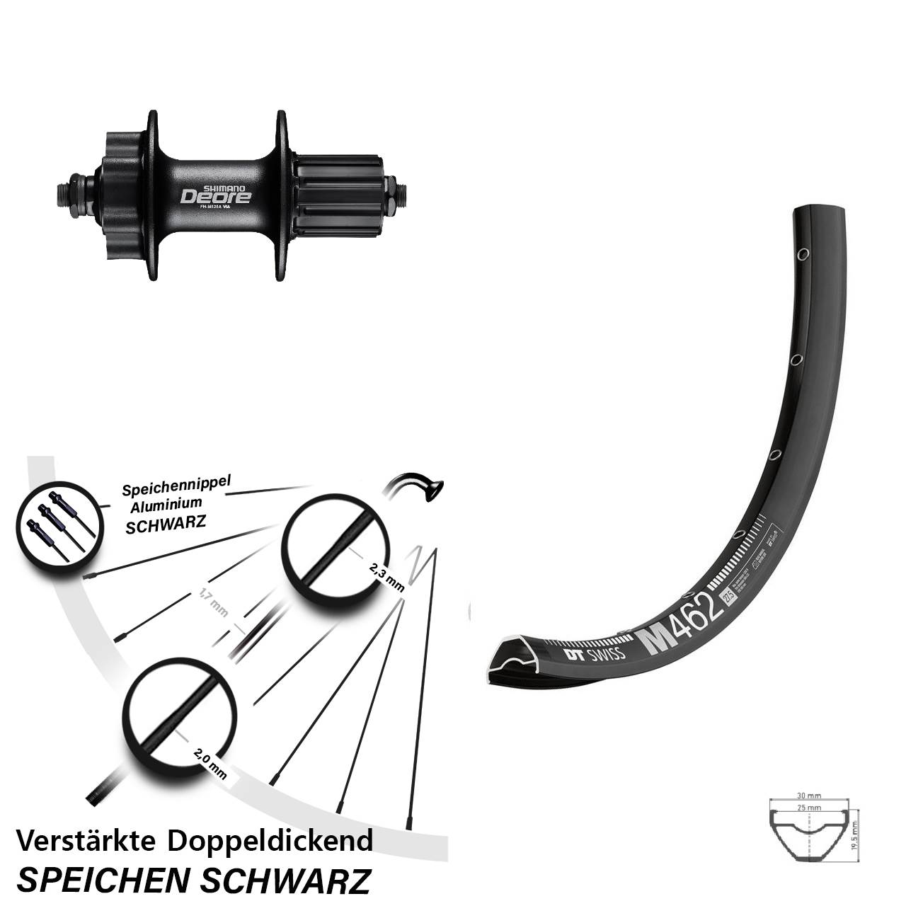 27,5 Zoll DT Swiss M462 Shimano Deore FH-M525 6-Loch Hinterrad QR 8-11 fach HG