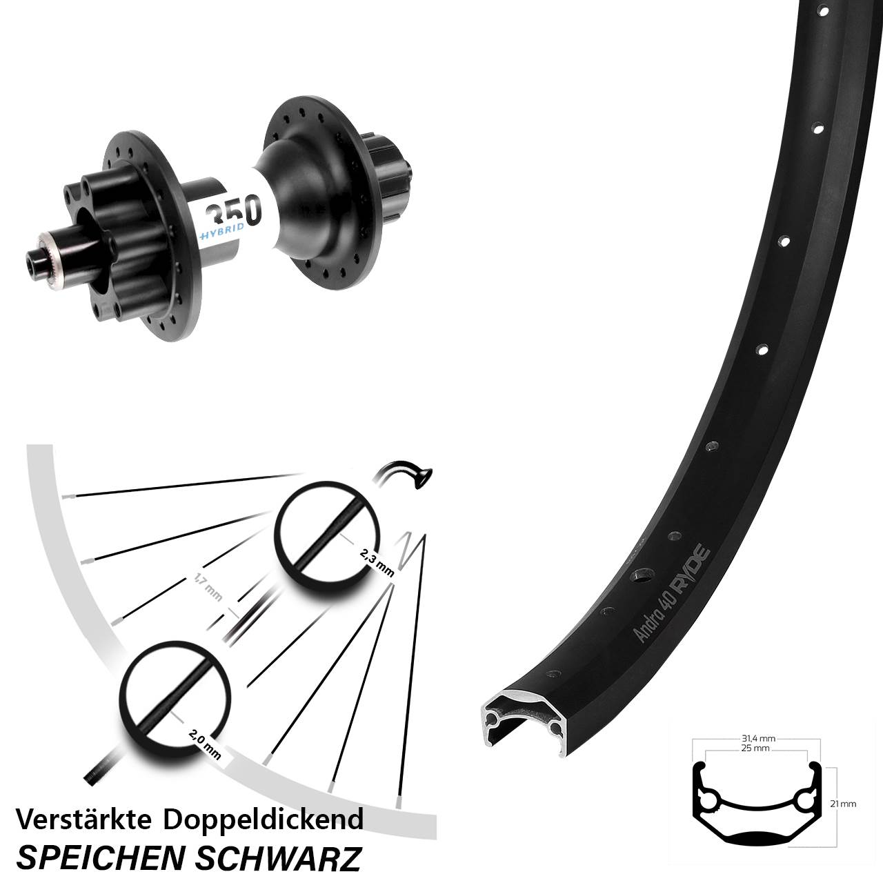 Hinterrad 20 Zoll Ryde Andra 40 DT Swiss 350 Hybrid Singlespeed 5x135 6-Loch