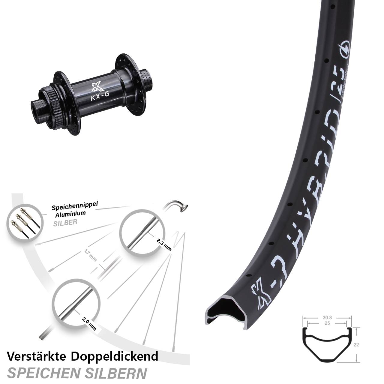29 Zoll KX-R Hybrid 25 schwarz Steckachse Vorderrad Centerlock 15x100