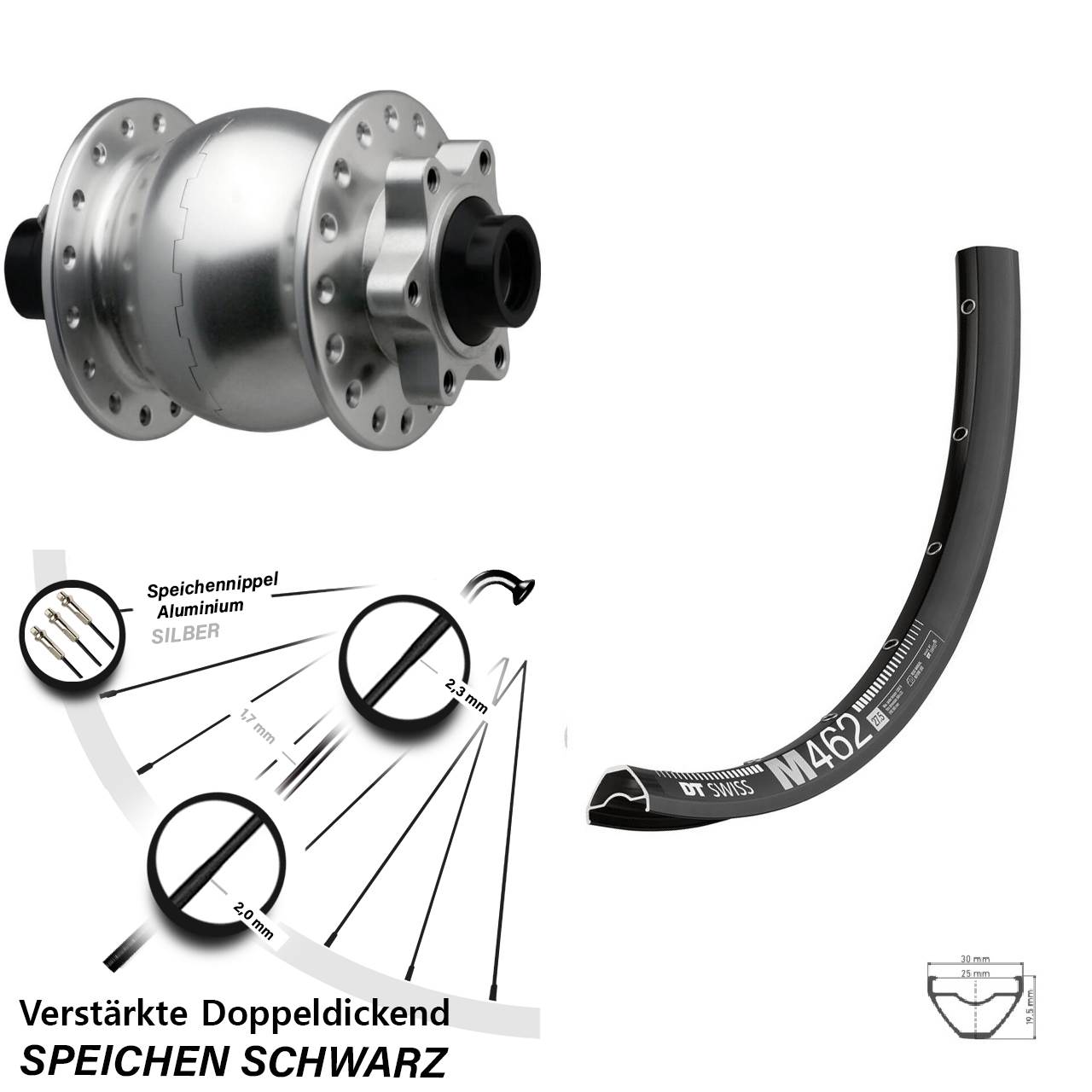 Boost 6-Loch 29 Zoll Vorderrad mit Nabendynamo 15x110 DT Swiss M462 SON 28