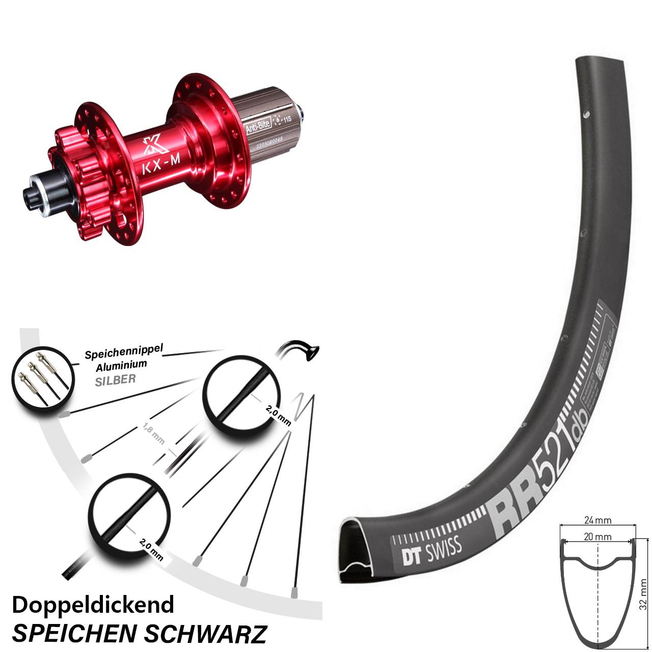 DT Swiss RR521 KX-M rot 28 Zoll 6-Loch Hinterrad QR 8-12 fach