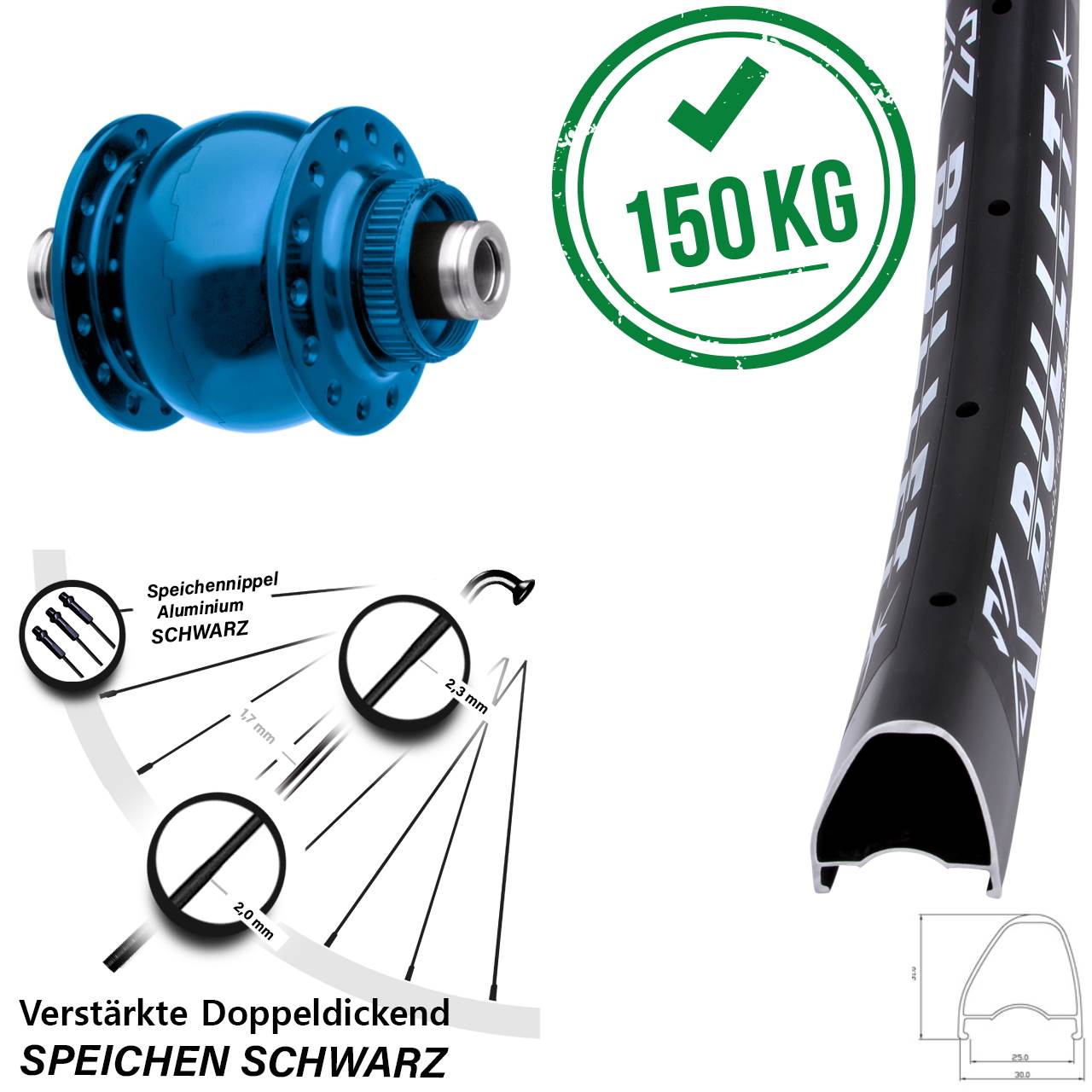 Nabendynamo-Vorderrad Centerlock 28-29 Zoll KX Bullet OS SON 28 blau 12x100