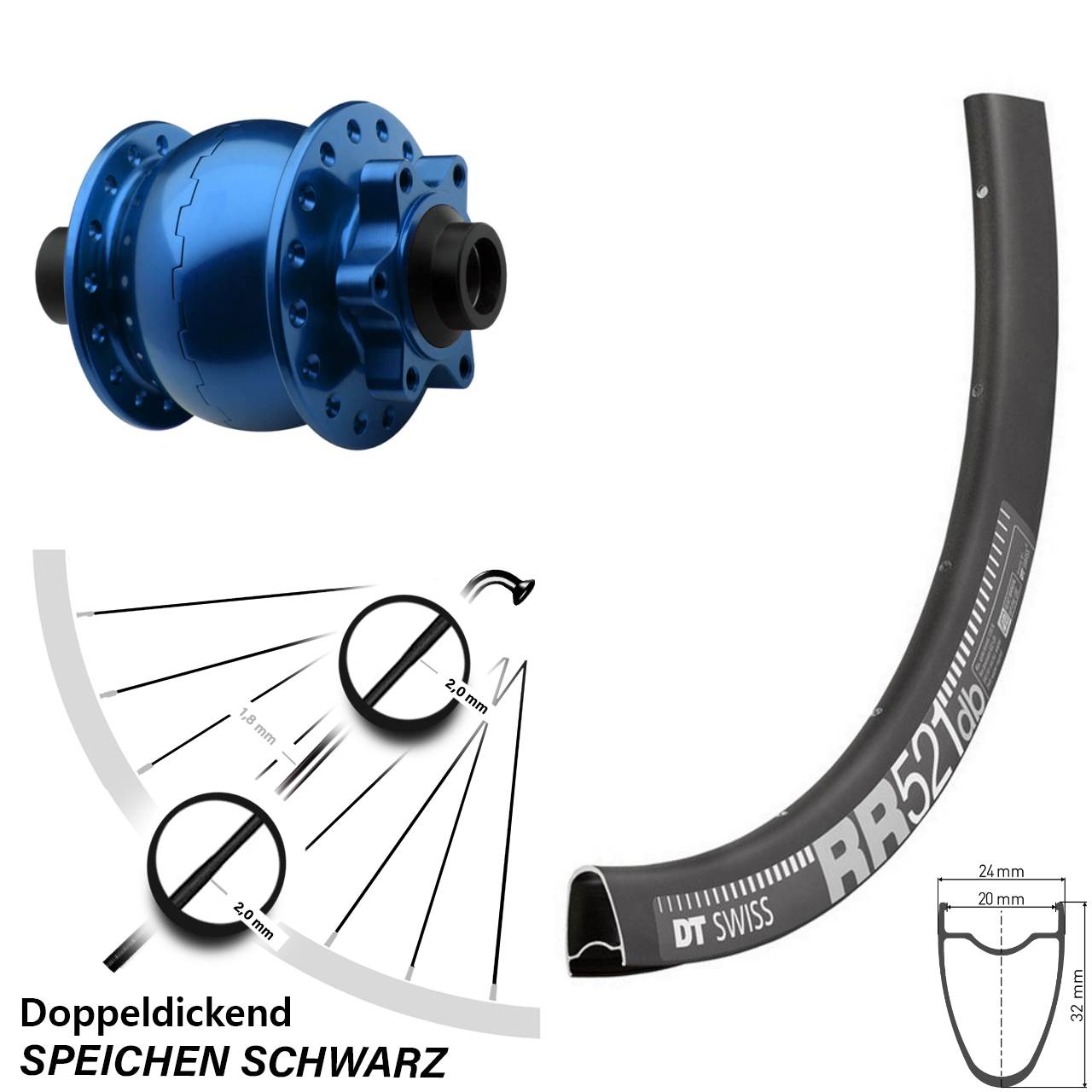 28 Zoll DT Swiss RR521 SON 28 blau 6-Loch Nabendynamovorderrad 15x100