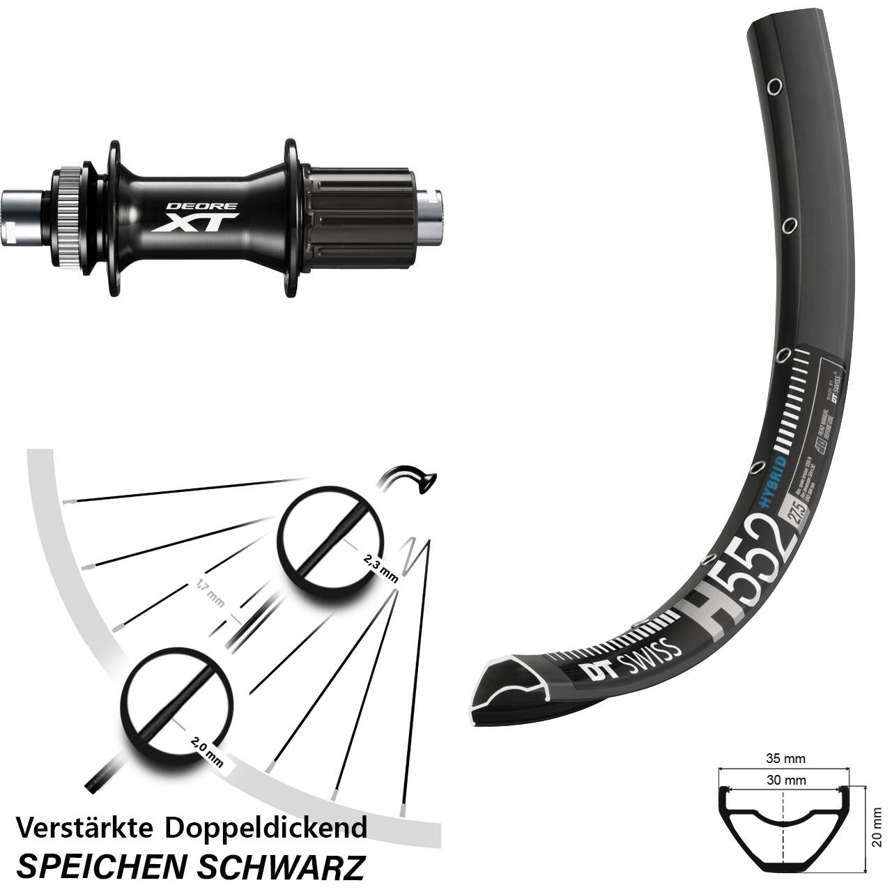 29 Zoll DT Swiss H552 Shimano XT FH-M8010-B Disc Hinterrad 12x148 8-11 fach HG