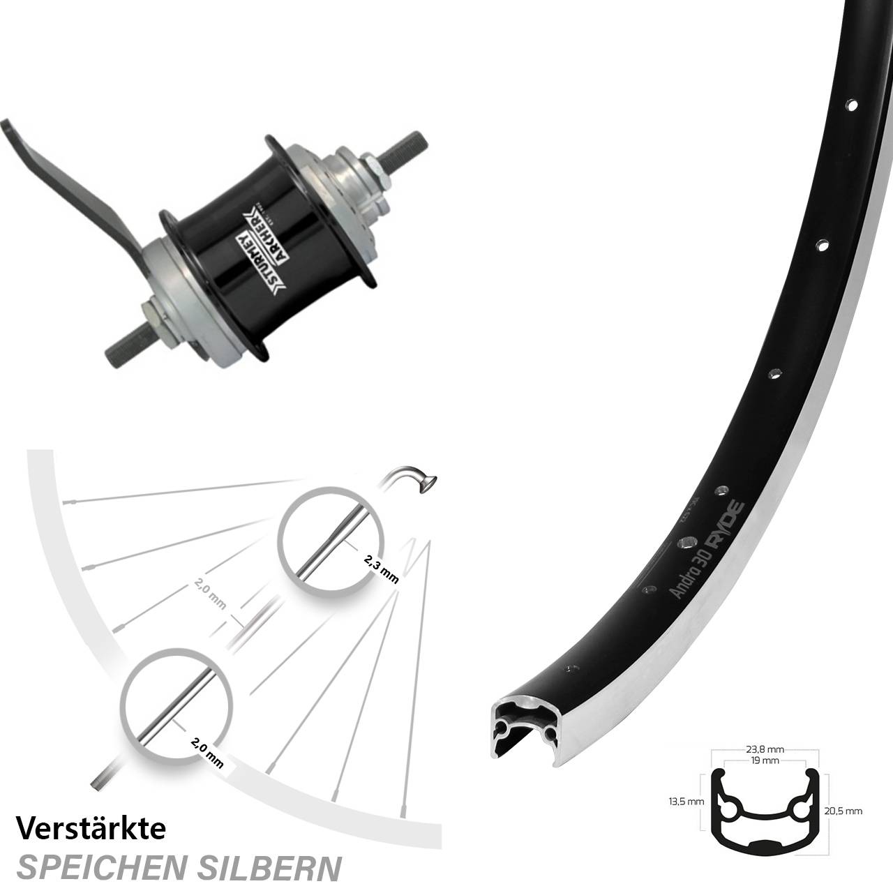 Ryde Andra 30 26 Zoll Hinterrad Sturmey Archer Duomatic 2 Gang Rücktritt