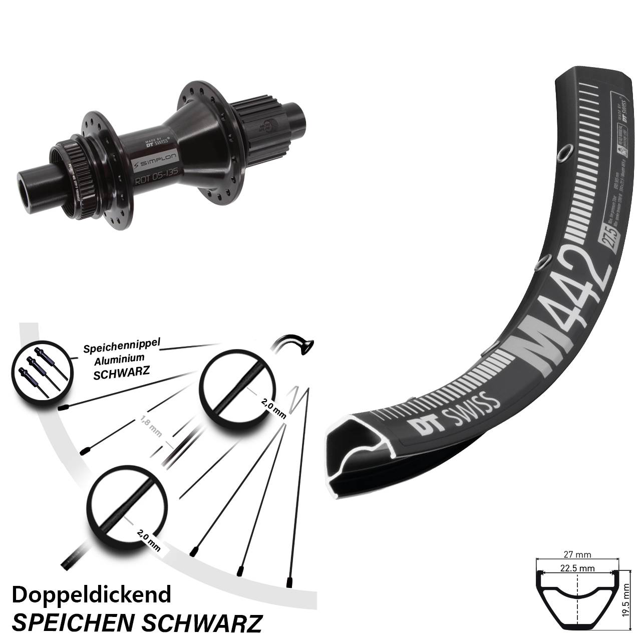 DT Swiss M442-370 Hybrid 28 Zoll Centerlock Hinterrad 12x142 Micro Spline