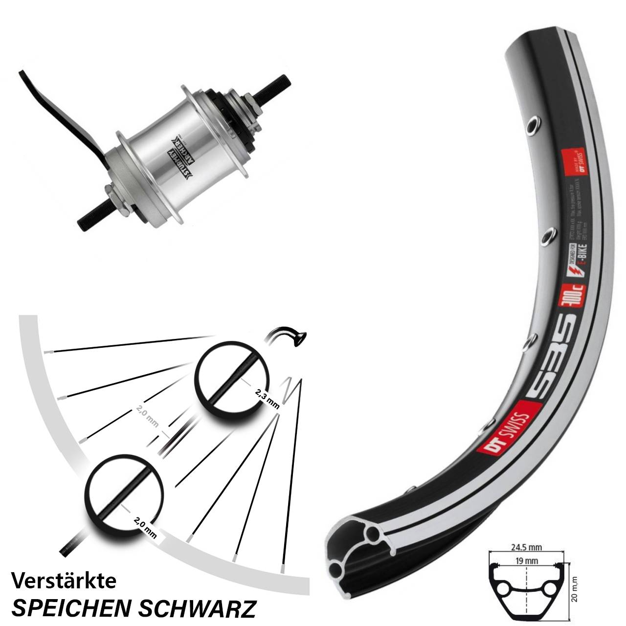 Hinterrad 26 Zoll DT Swiss 535 Sturmey Archer IHS3C 3 Gang Rücktritt