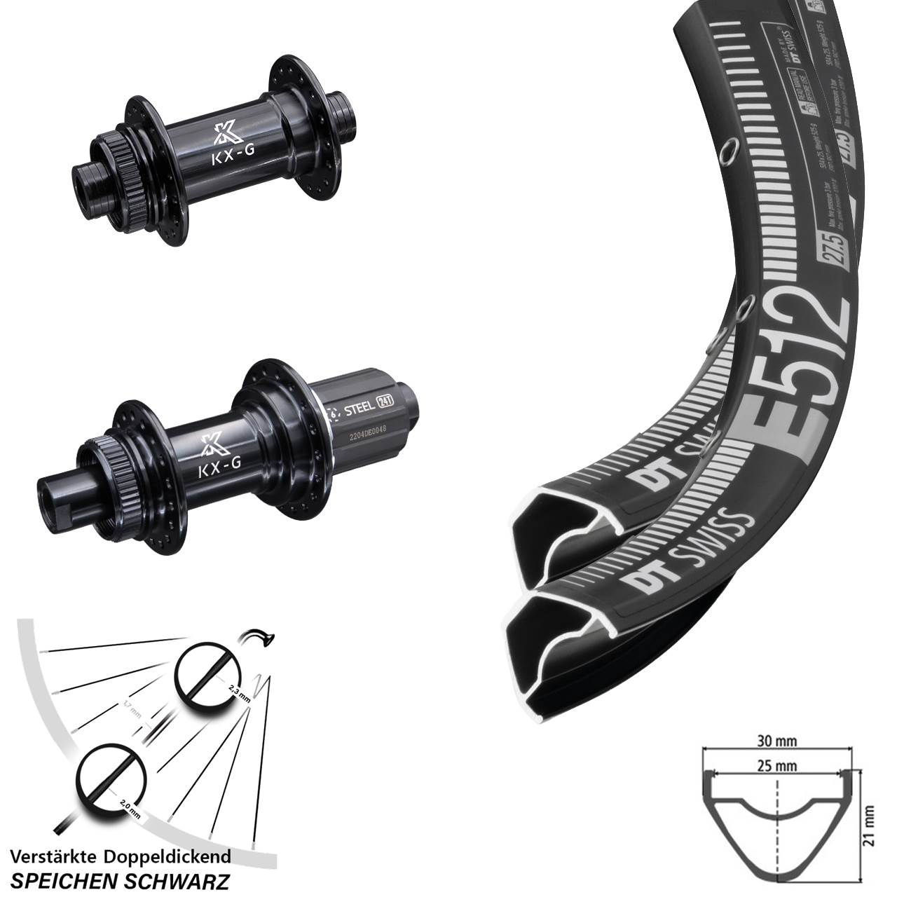 Laufrad-Satz 15x100 12x142 27,5 Zoll DT Swiss E512 KX-GS Stahl Freilauf 8-12 fach
