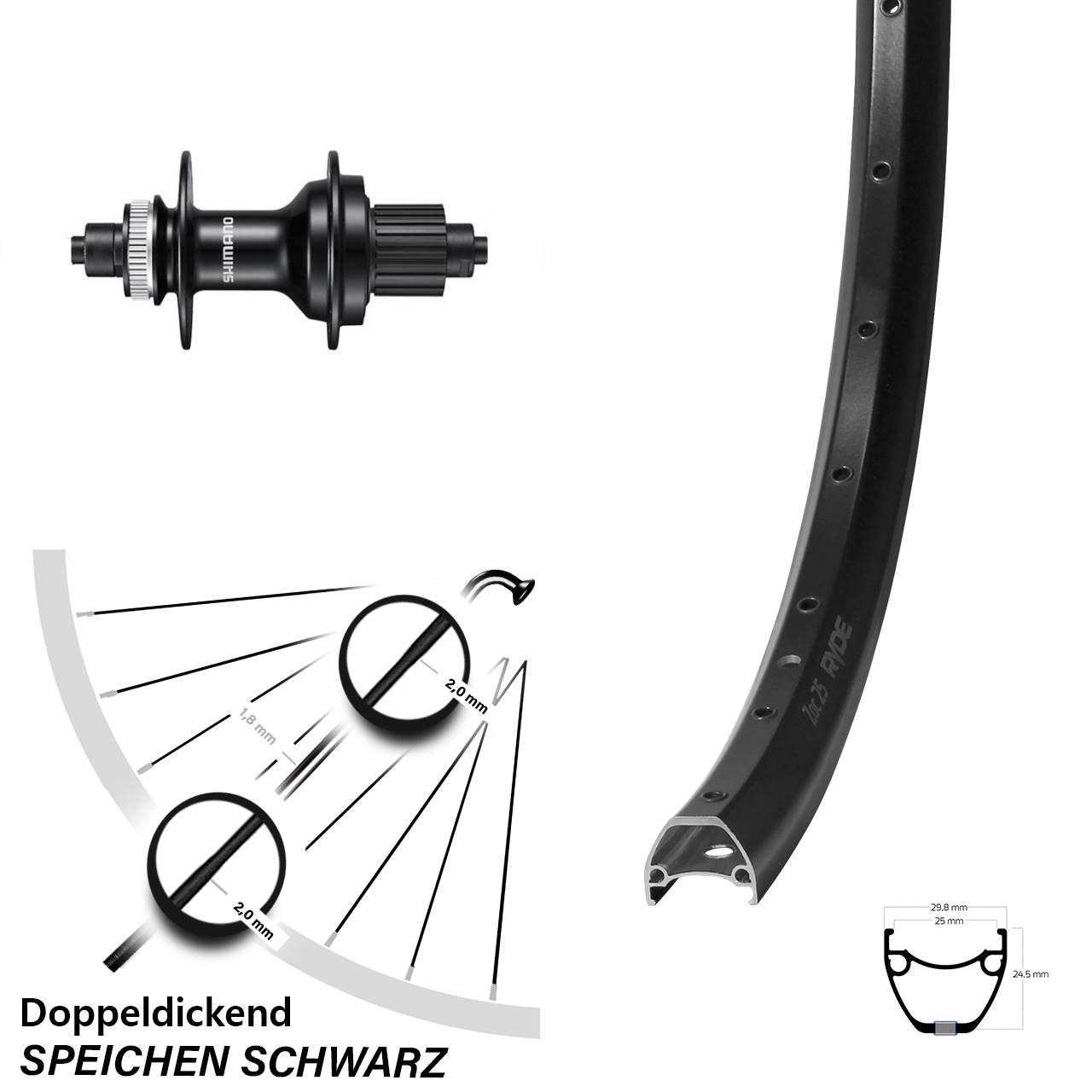 Ryde ZAC 25 Shimano FH-MT500 28-29 Zoll Disc Laufrad für Schnellspanner Micro Spline