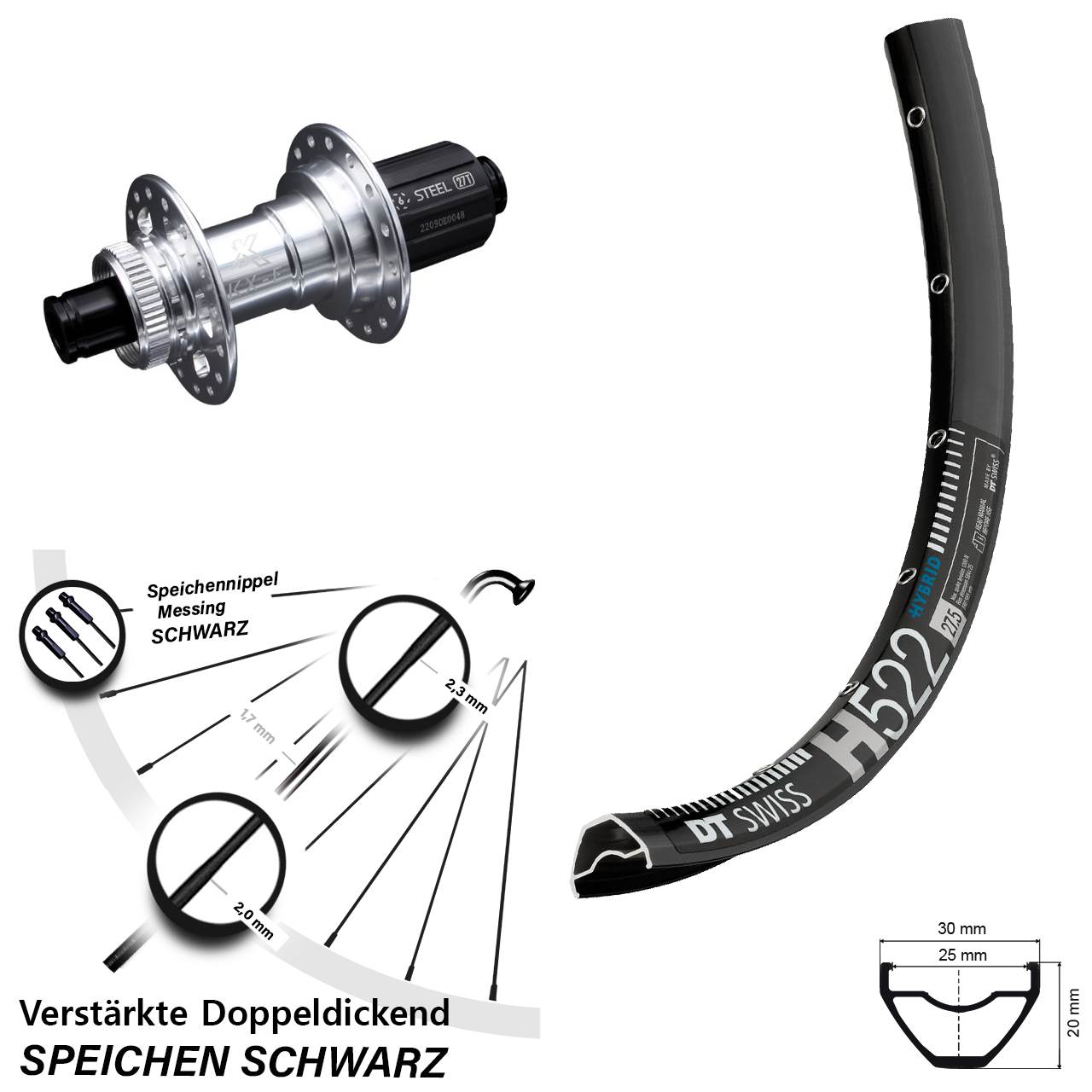 Centerlock Hinterrad 28-29 Zoll DT Swiss H 522 KX-E 6 Kugellager 8-12 fach HG 12x142