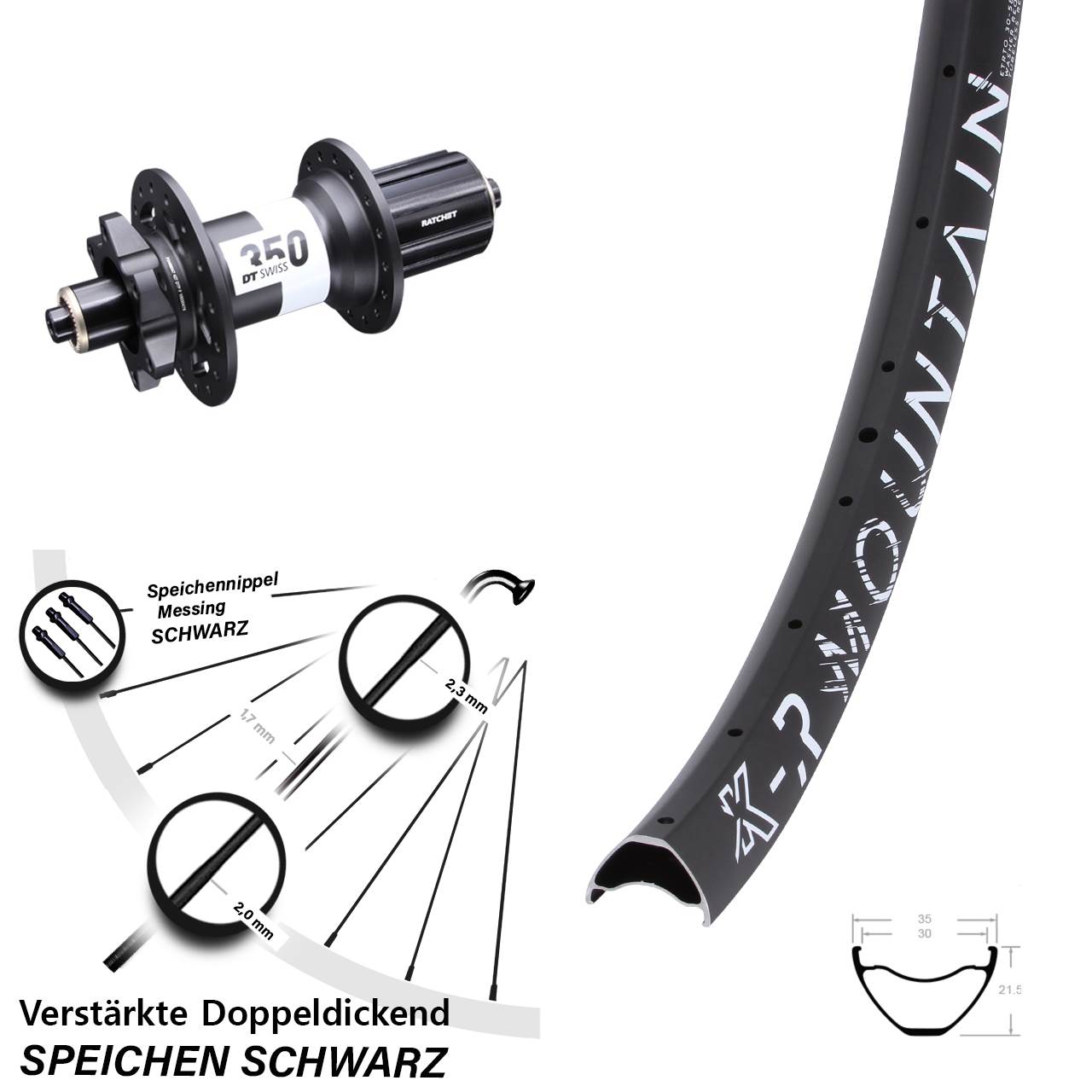 29 Zoll KX-R Mountain DT Swiss 350 Ratchet 36 6-Loch Hinterrad QR 8-11 fach HG