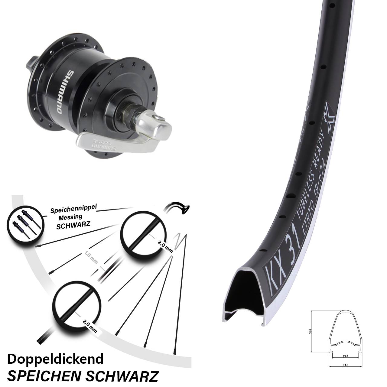 Nabendynamolaufrad QR 28 Zoll KX31 Shimano DH3N72 schwarz