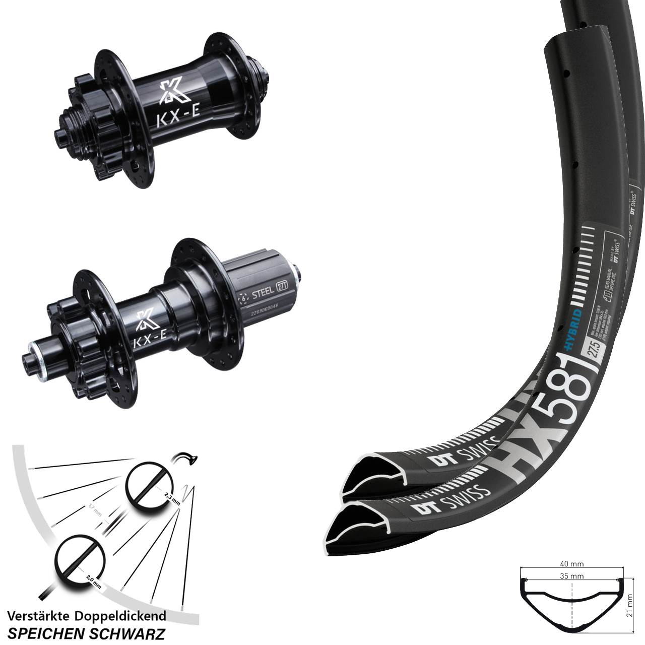6-Loch Laufradsatz 27,5 Zoll DT Swiss HX581 KX-E 8-12 fach HG QR