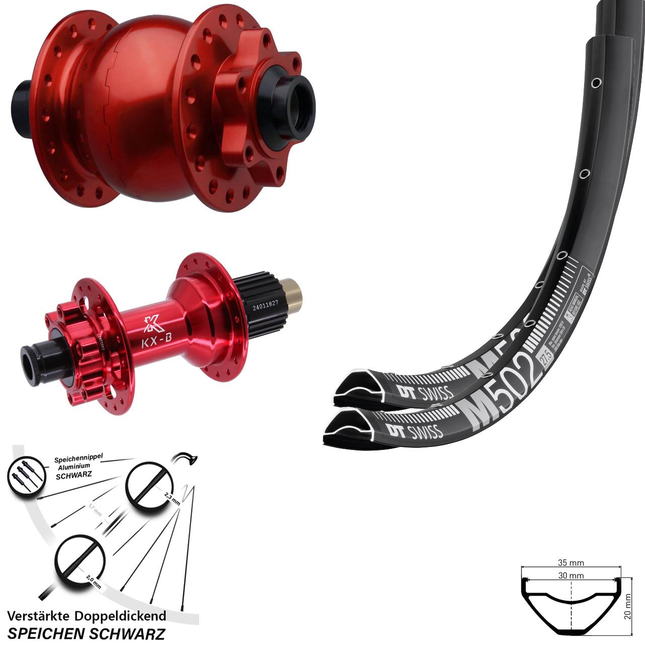 27,5 Zoll DT Swiss M502 KX-B rot SON 28 Laufradsatz 6-Loch 15x110 12x148 Shimano Mic