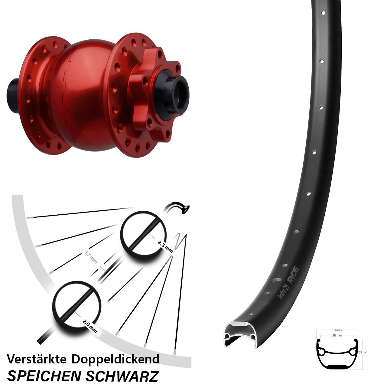 Nabendynamovorderrad 6-Loch 28-29 Zoll Ryde Andra 25 SON 28 rot 15x110 Boost