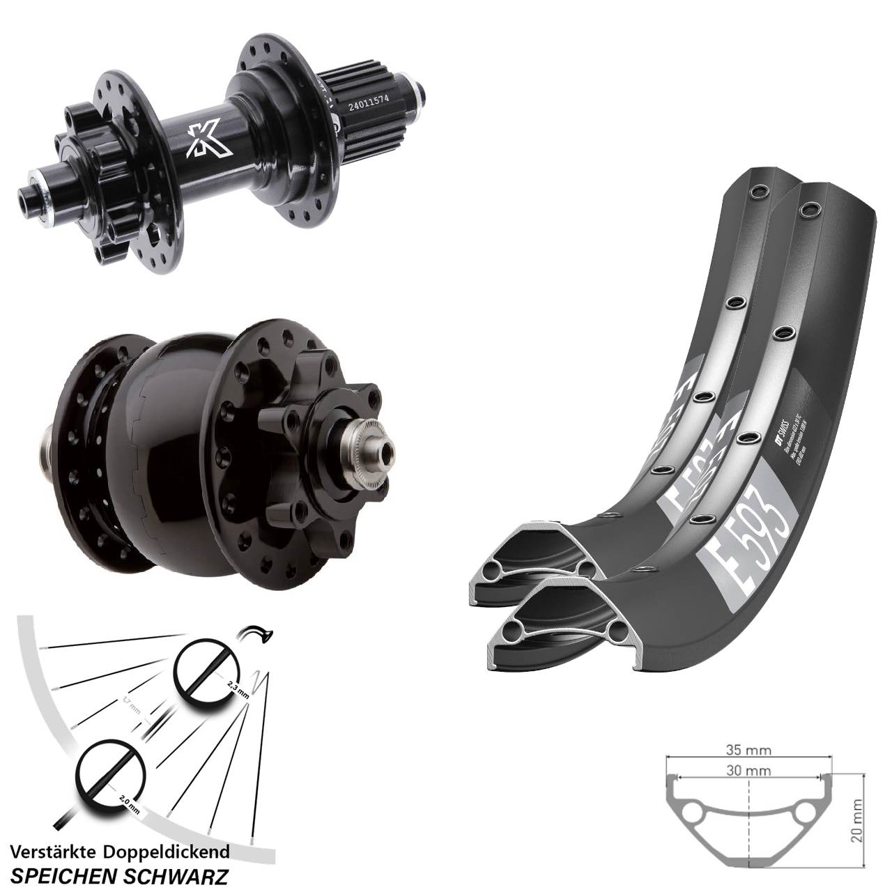 Disc Laufrad-Satz für Schnellspanner 27,5 Zoll DT Swiss E593 KX-M SON 28 Micro Spline