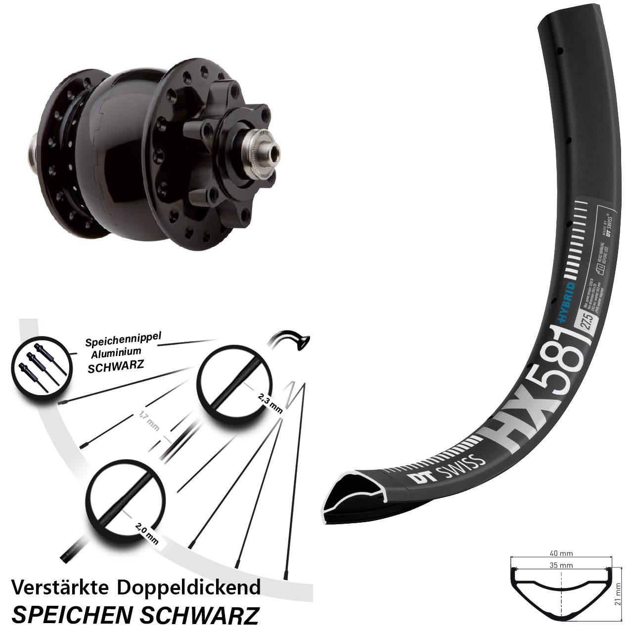 Nabendynamovorderrad 6-Loch 27,5 Zoll DT Swiss HX 581 SON 28 für Schnellspanner