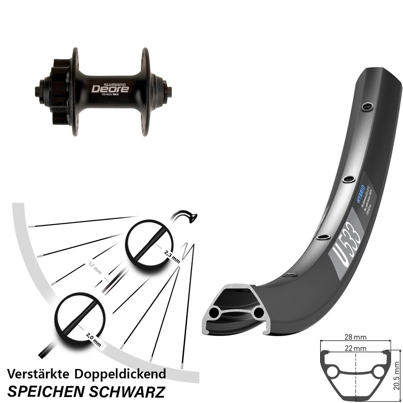 Vorderrad 6-Loch 27,5 Zoll DT Swiss U533 Shimano Deore für Schnellspanner