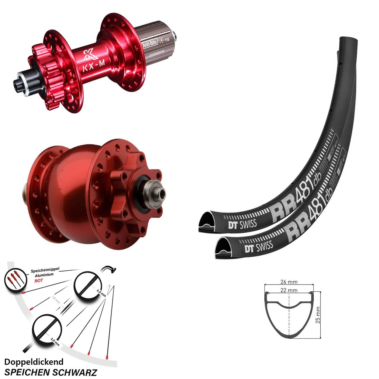 DT Swiss RR 481 KX-M rot SON 28 Zoll Laufradsatz 6-Loch QR 8-12 fach HG