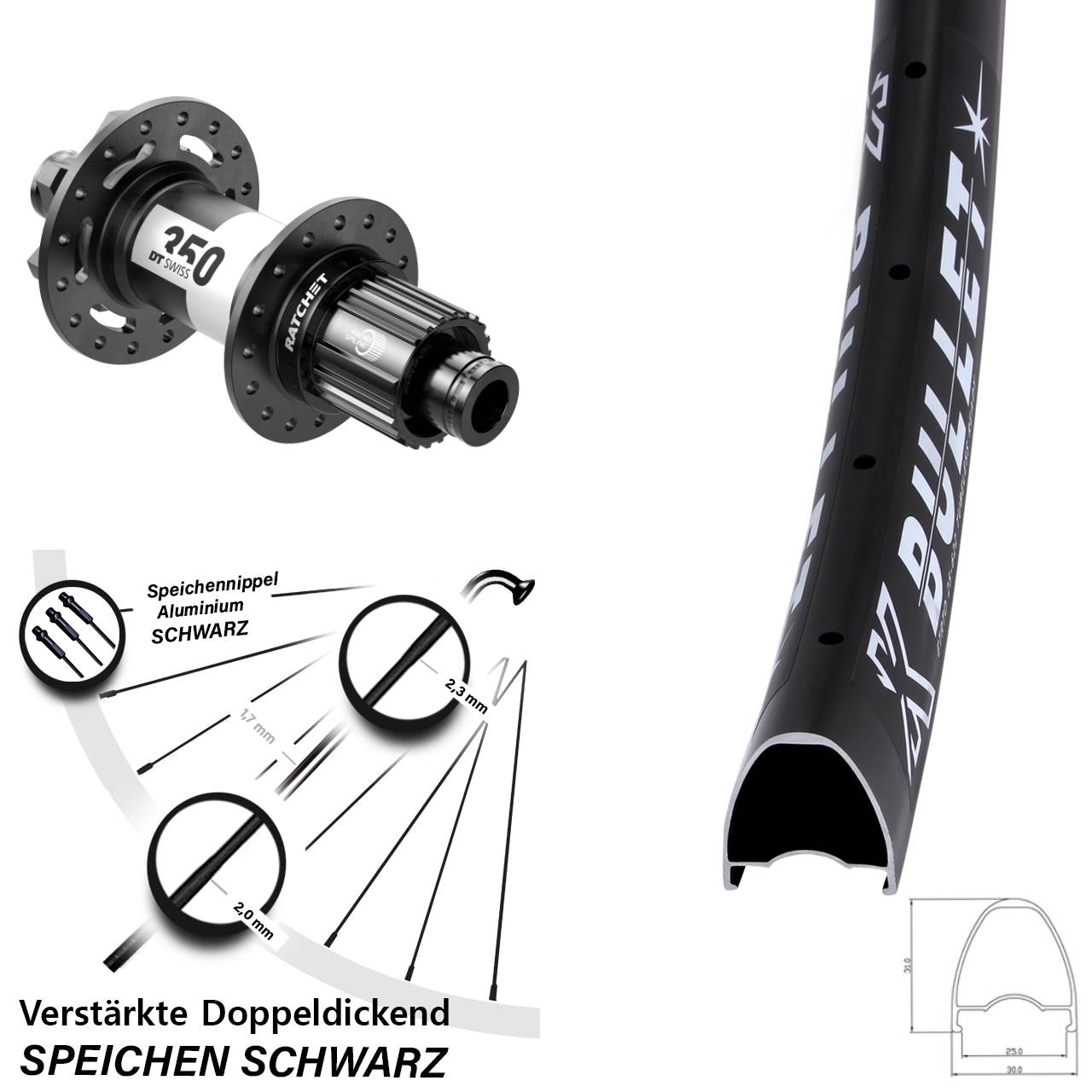 28 Zoll KX Bullet DT Swiss 350 Hinterrad 6-Loch 12x148 Shimano Micro Spline