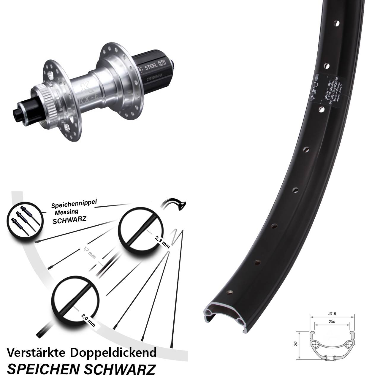 Hinterrad Centerl. für Schnellspanner 20 Zoll Mach1 Kargo KX-E verstärkt 8-12 fach