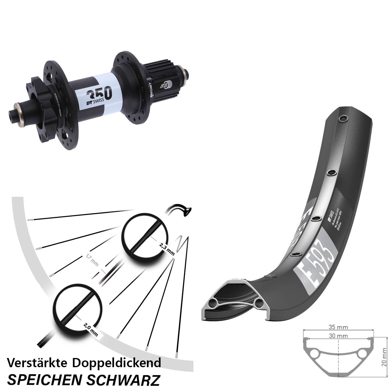 29 Zoll DT Swiss E593 350 Hinterrad 6-Loch QR Boost Micro Spline