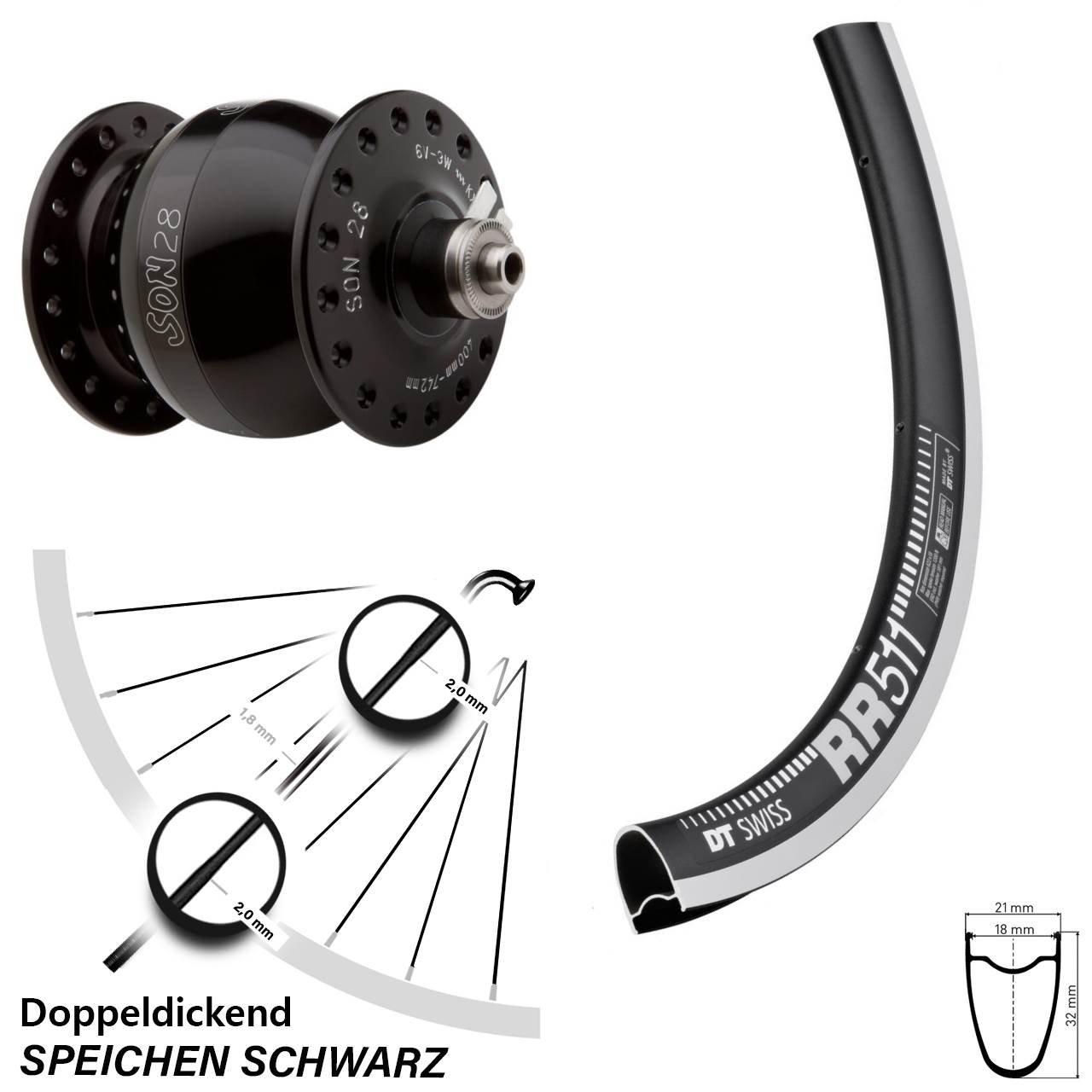 Nabendynamo-Vorderrad 28 Zoll DT Swiss RR511 SON 28 QR