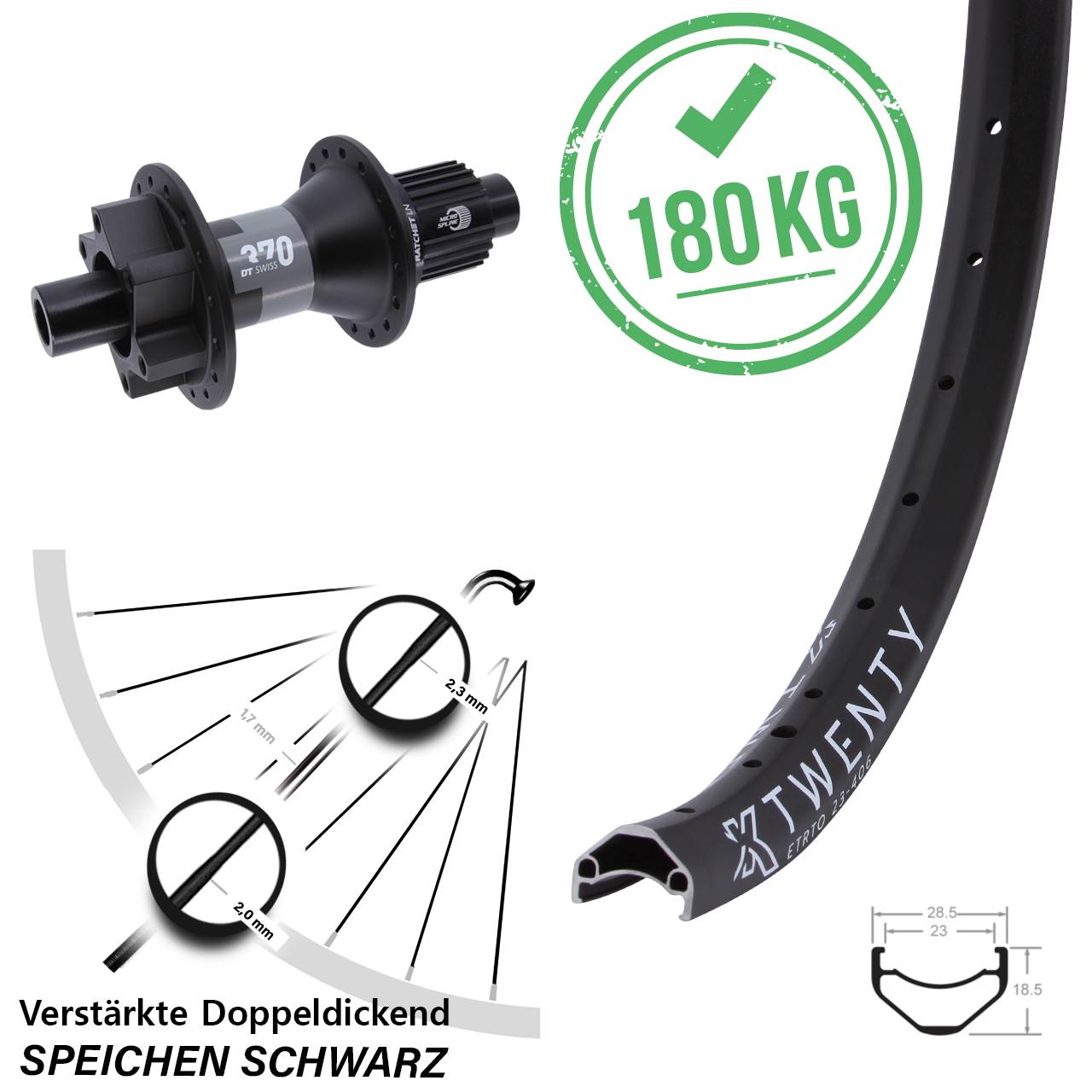Hinterrad 6-Loch 12x142 20 Zoll KX Twenty DT Swiss 370 Micro Spline