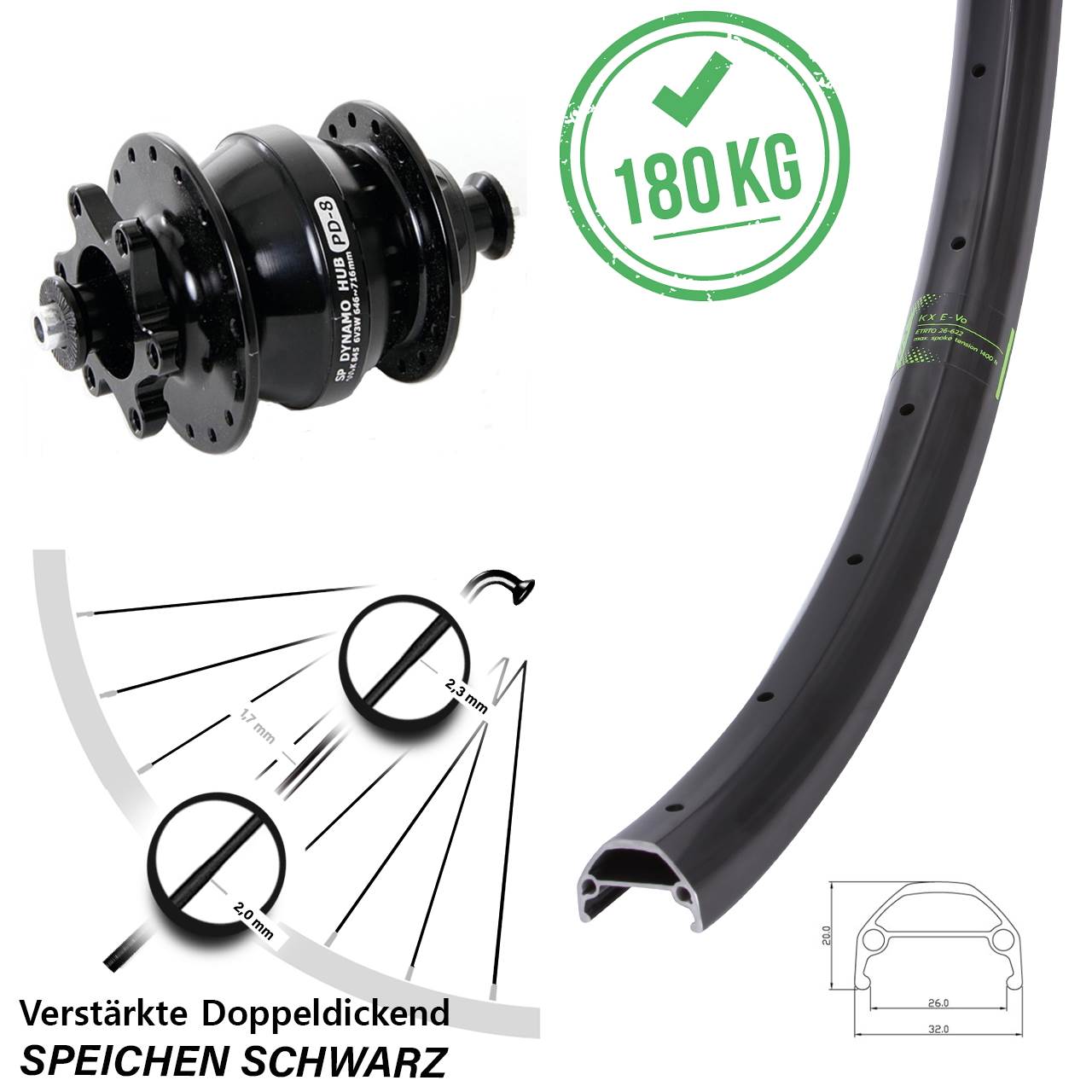 Vorderes Rad Shutter Precision PD-8 Disc Nabendynamo KX Evo 26 Zoll