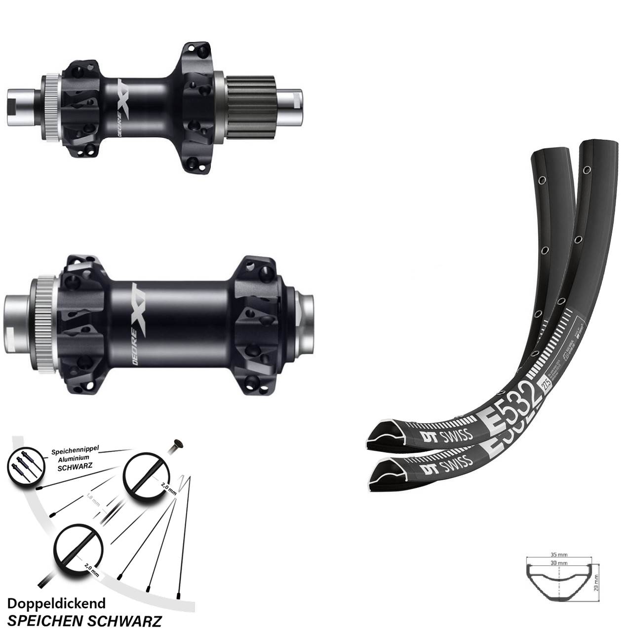 Laufradsatz 29 Zoll Shimano XT Boost Straightpull mit DT Swiss E532 Felge 30 mm