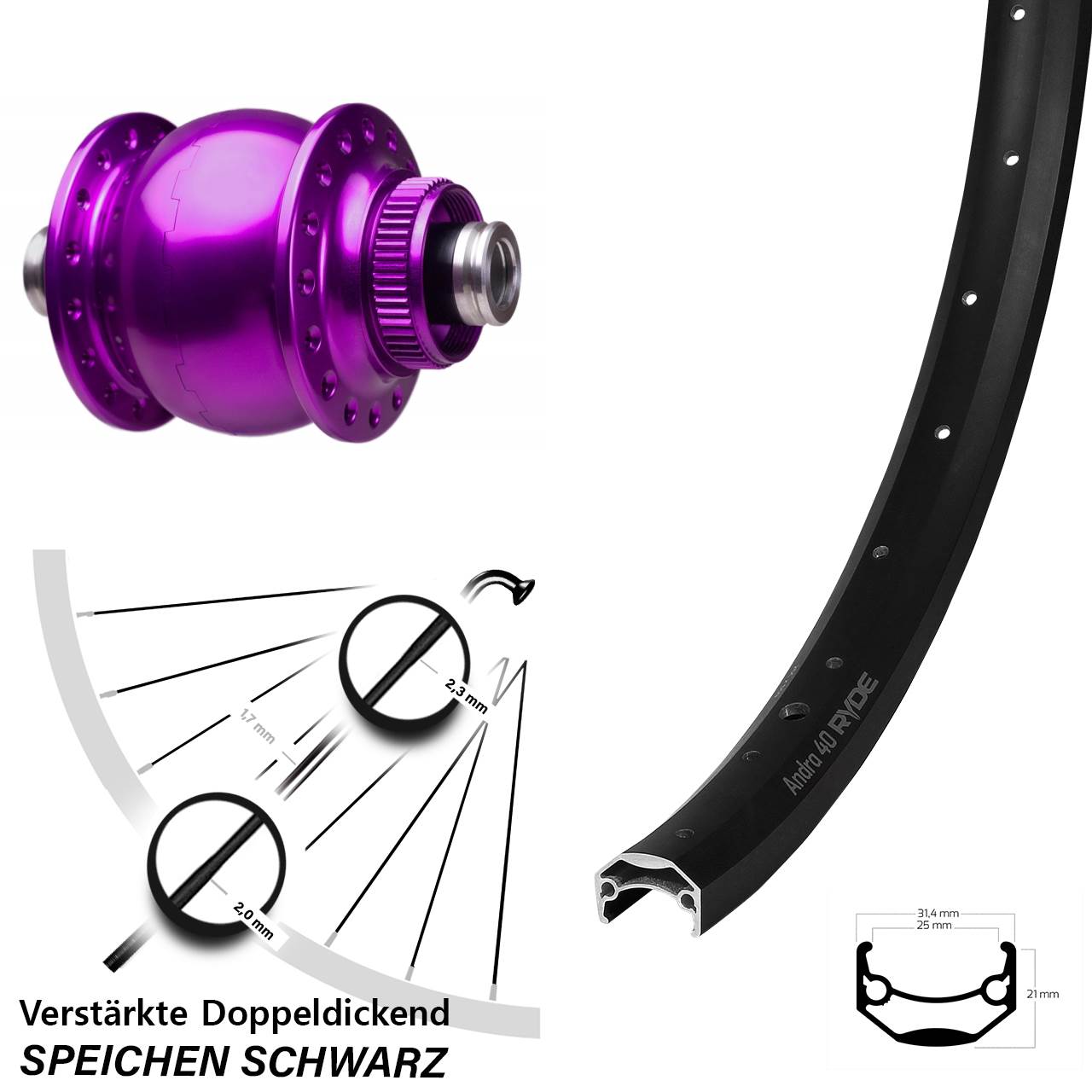 SON 28 violett Ryde Andra 40 28-29 Zoll Nabendynamovorderrad Centerlock 12x100