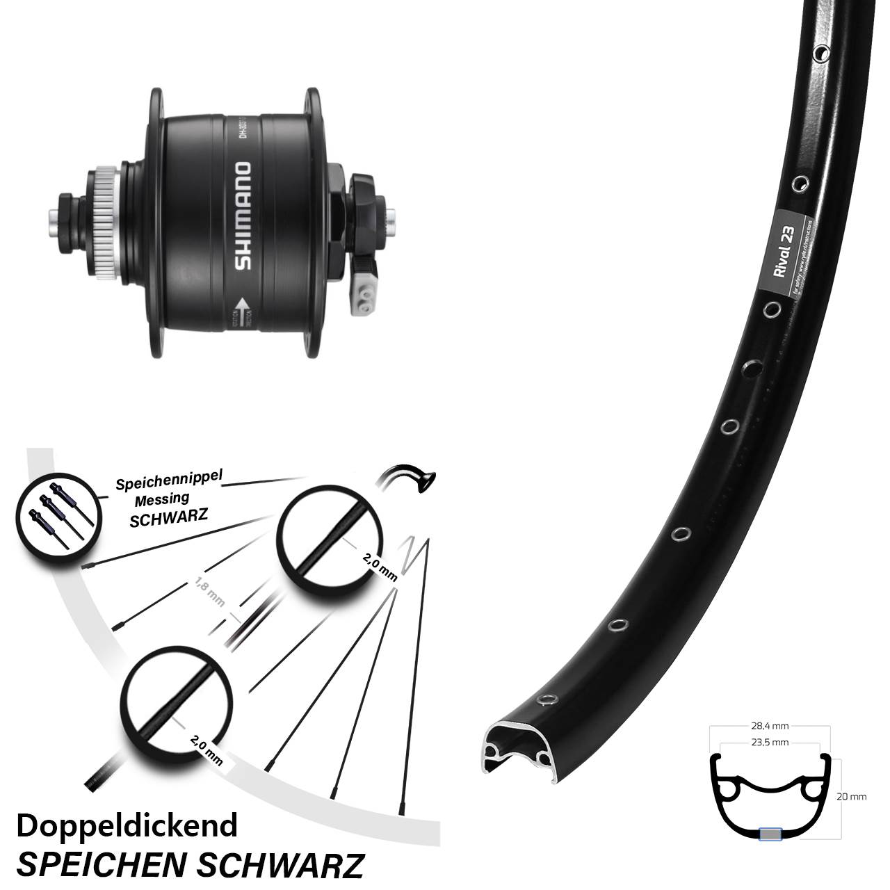 Disc Vorderrad mit Nabendynamo QR 27,5 Zoll Ryde Rival 23 Shimano DH-3D37