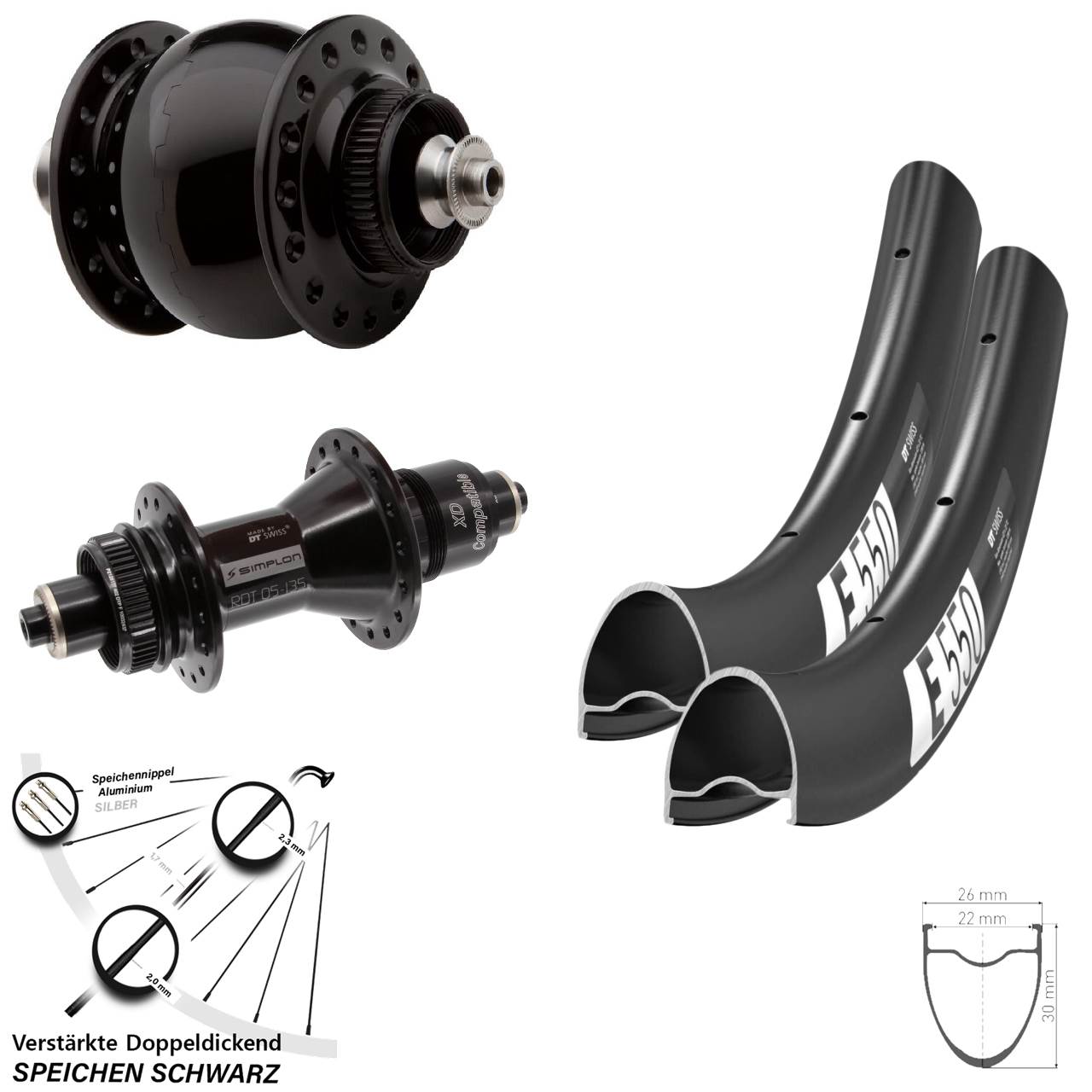DT Swiss E550 370 SON 28 Zoll Laufradsatz Centerlock für Schnellspanner SRAM XD
