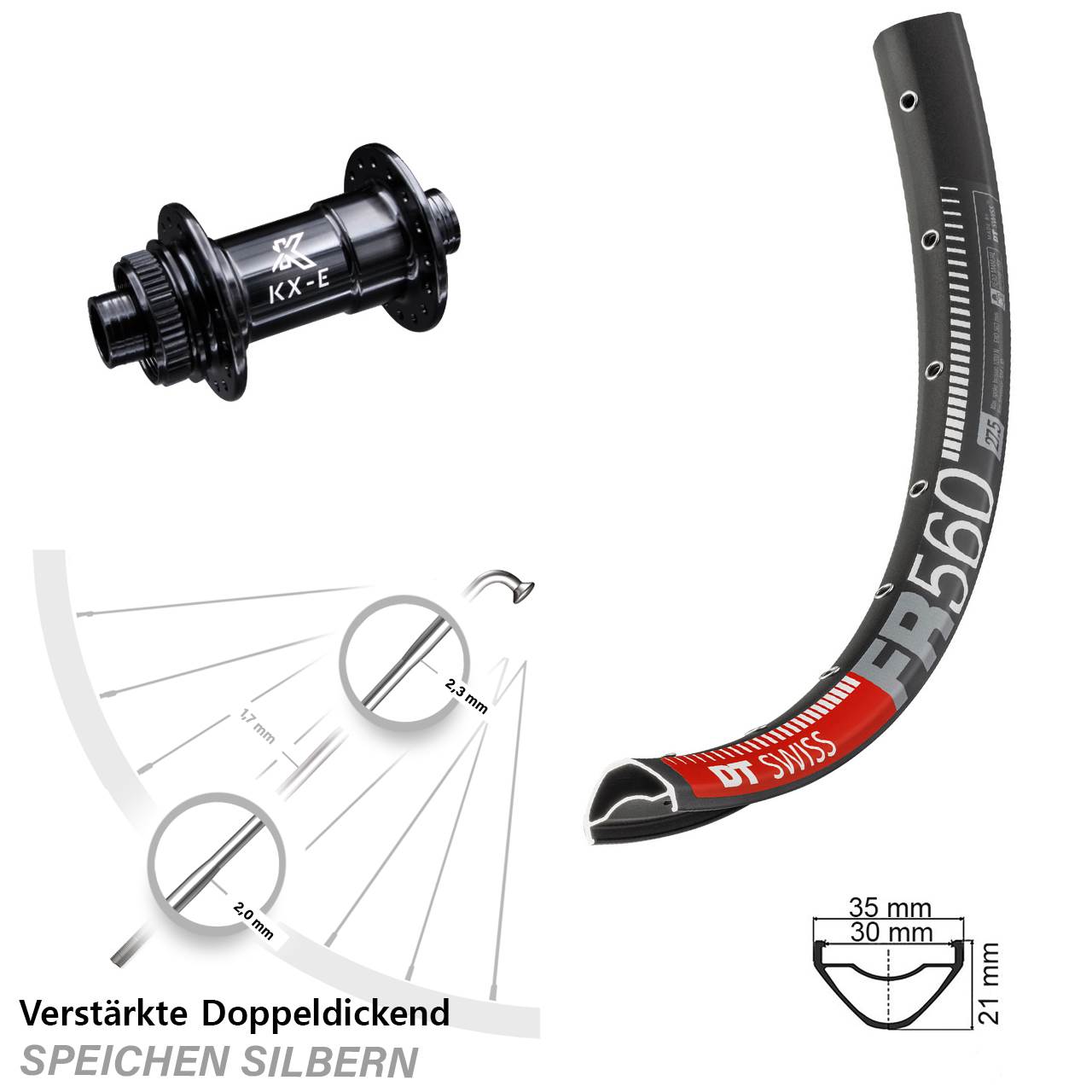 KX-E Steckachse 15x100 DT Swiss FR 560 Vorderrad Enduro MTB 26 Zoll für Centerlock