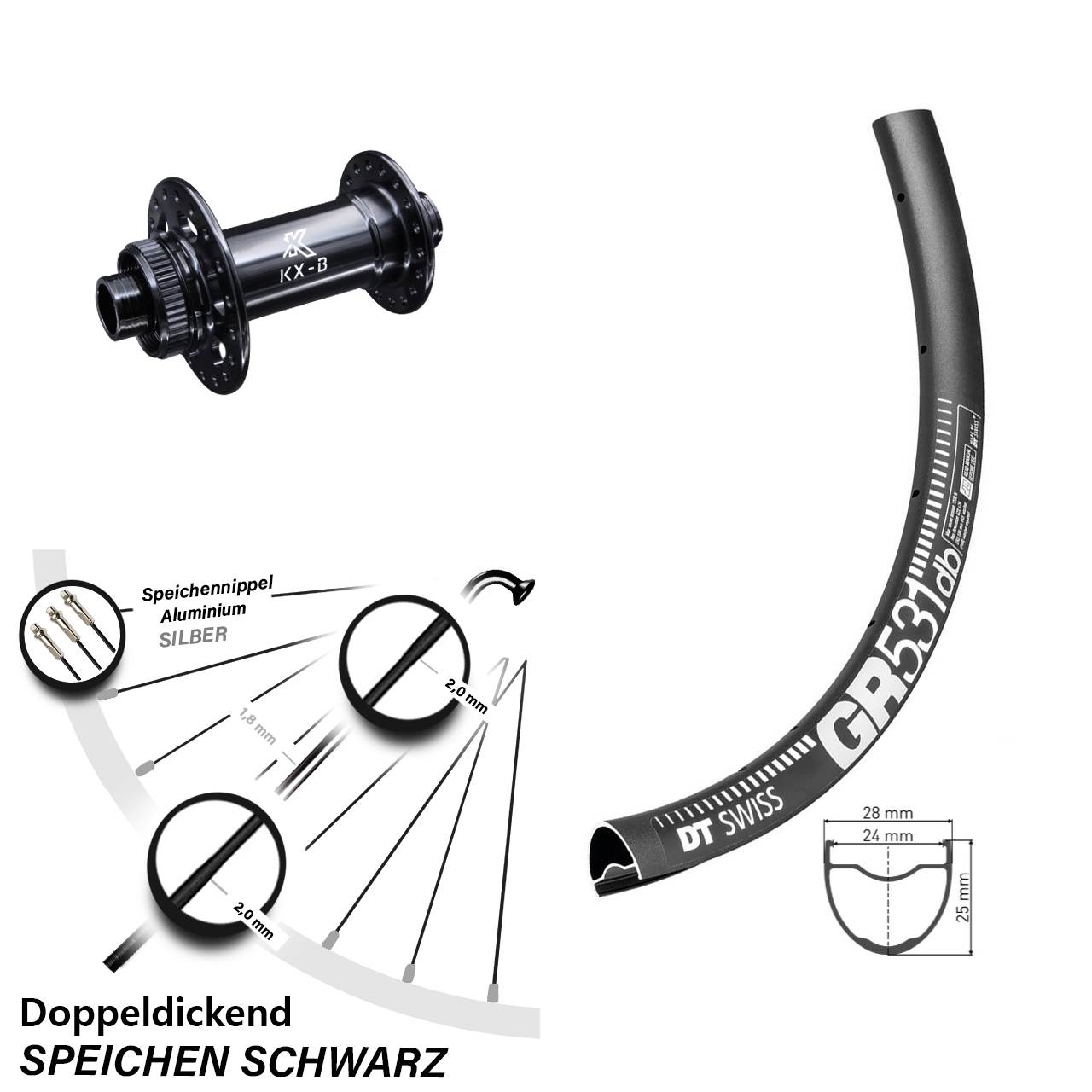 28-29 Zoll Vorderrad DT Swiss GR 531 DB Disc schwarz Gravel Centerlock KX-Boost 12x110 mm