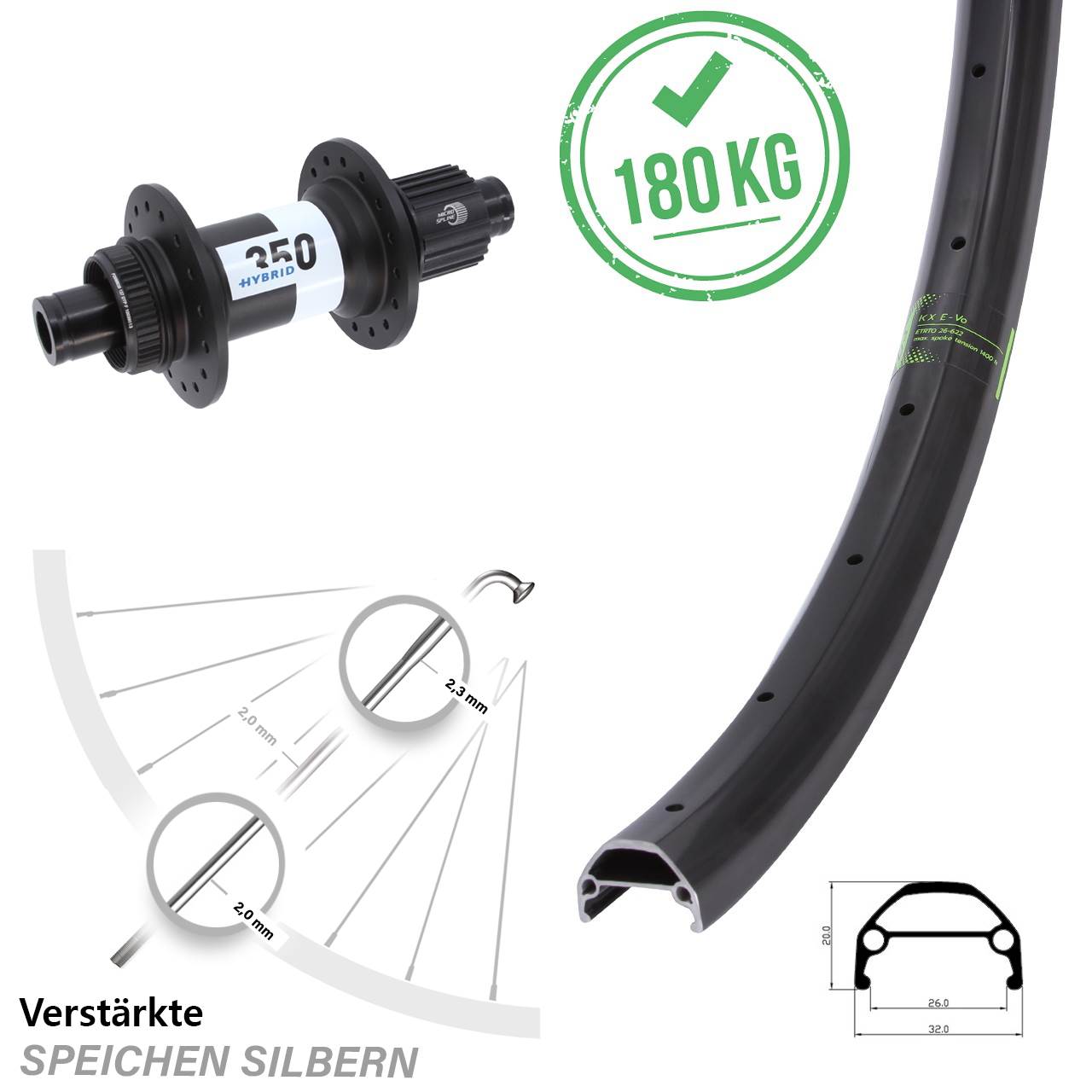 Disc Hinterrad 26 Zoll KX Evo DT Swiss Hybrid 350 Micro Spline 12x148