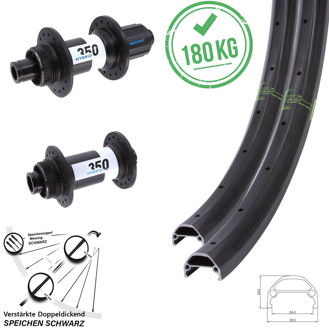 20/29 Zoll KX Evo DT Swiss Hybrid 350 Disc Laufrad-Satz 15x110 12x148 8-11 fach HG