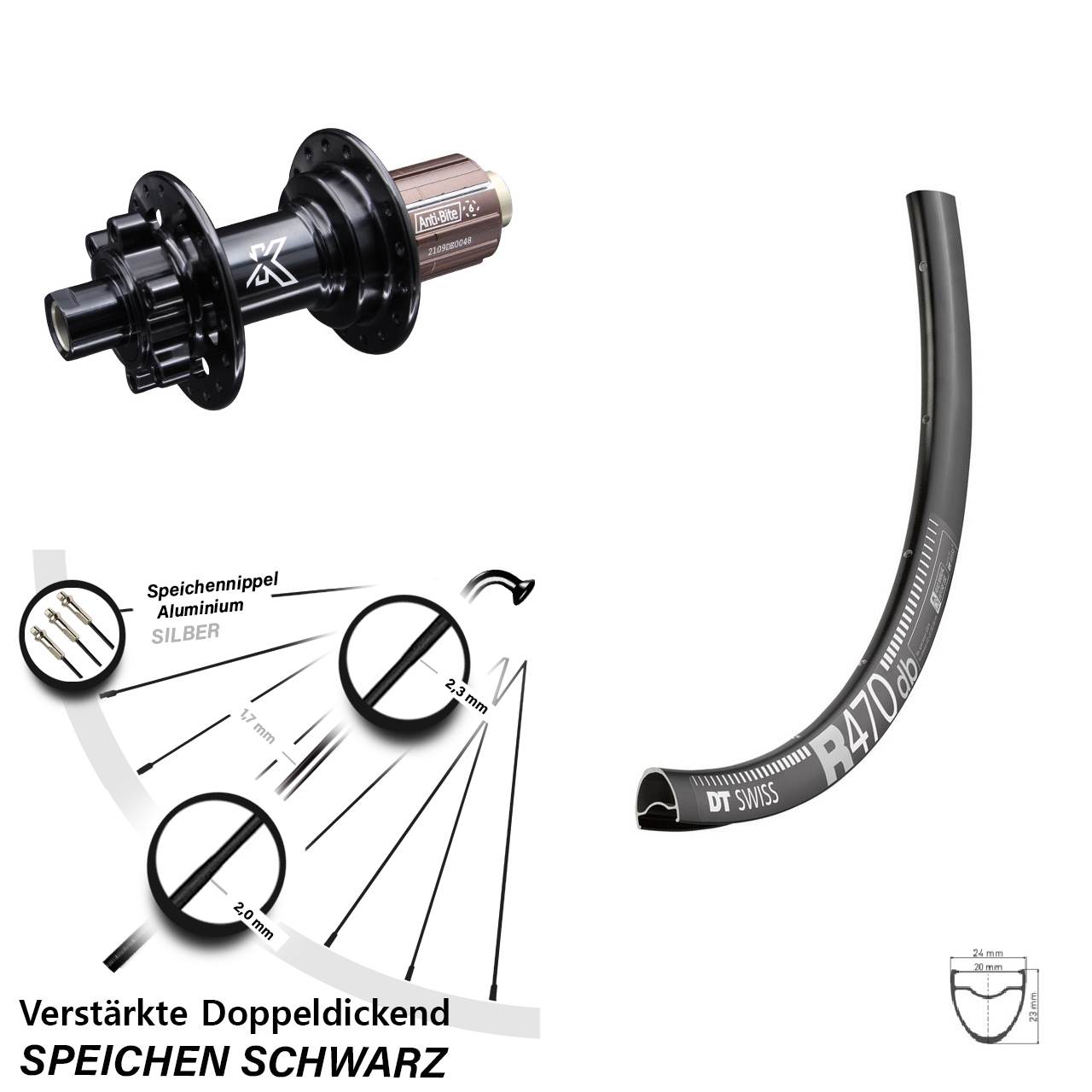 6-Loch Hinterrad 12x142 28 Zoll DT Swiss R470 KX-M Shimano Anti-Bite 8-12 fach