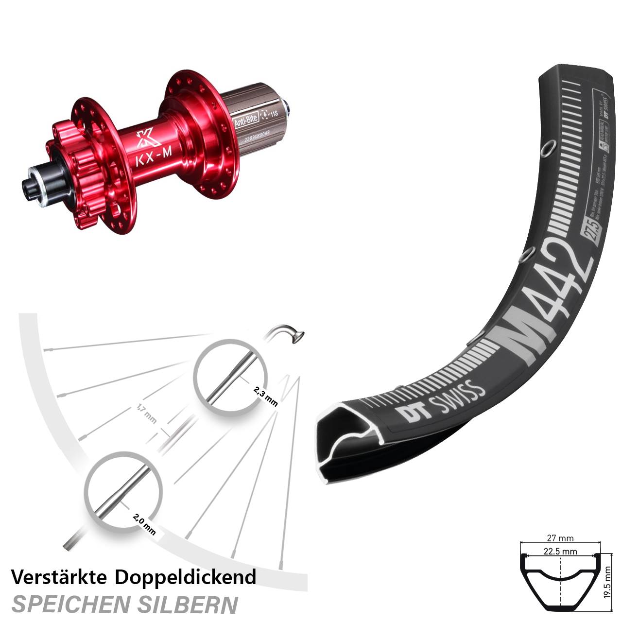 6-Loch Hinterrad 28-29 Zoll DT Swiss M442 KX-M rot 8-12 fach für Schnellspanner