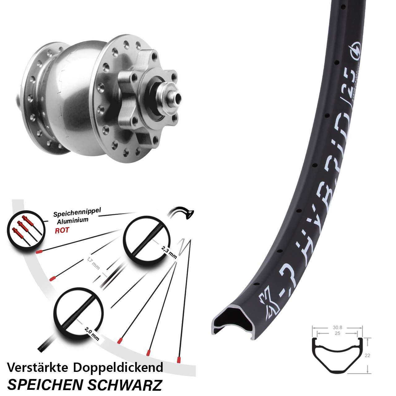 27,5 Zoll KX-R Hybrid 25 SON 28 silbern Dynamo-Vorderrad 6-Loch QR
