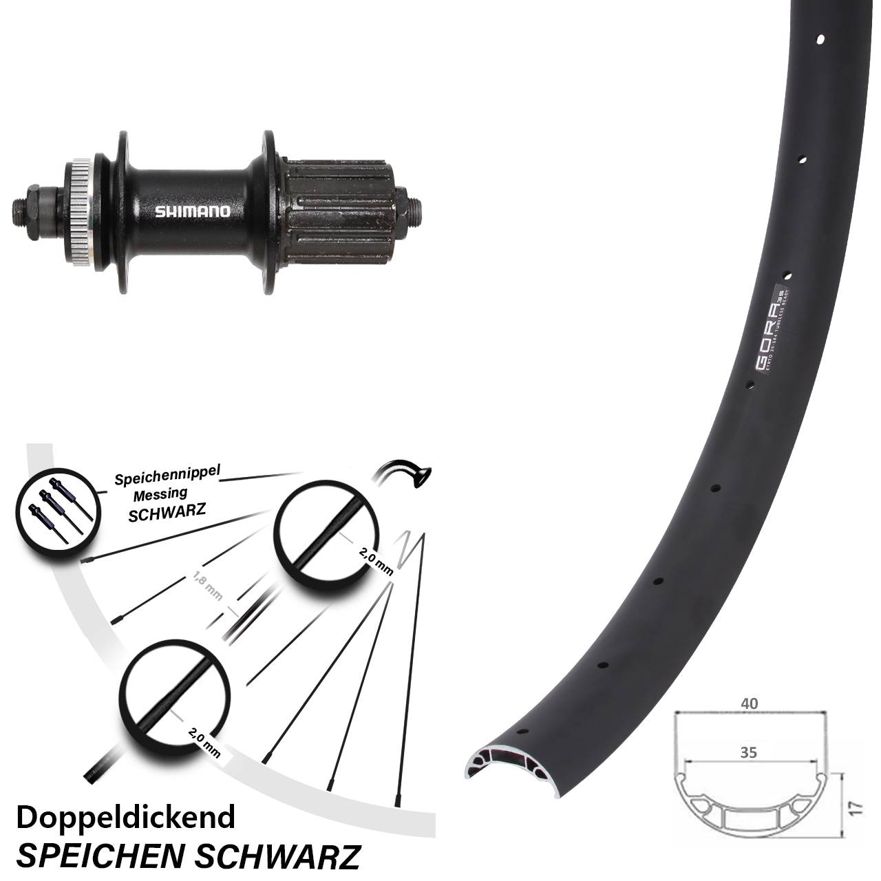 Hinterrad 27,5 Zoll Gora 35 Disc Shimano FH-UR600 schwarz