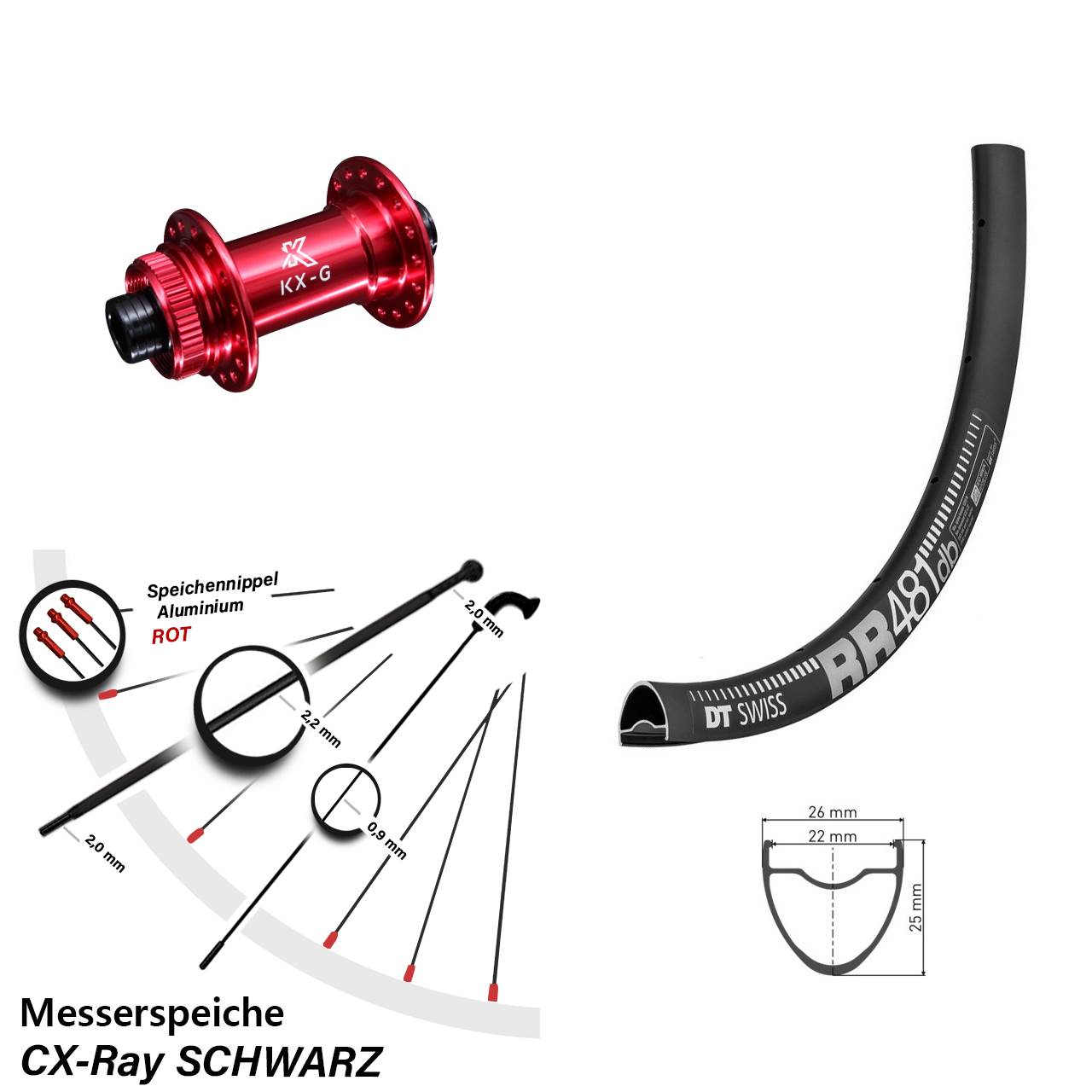 28 Zoll DT Swiss RR481 KX-G rot Vorderrad Centerlock 12x100 CX-Ray