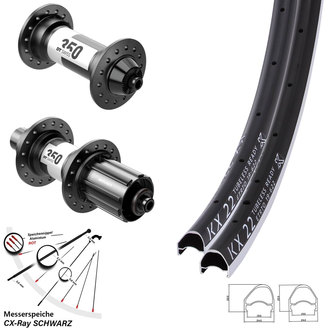 Laufrad-Satz QR 28 Zoll KX 22 OS DT Swiss 350 11-12 fach HG CX-Ray
