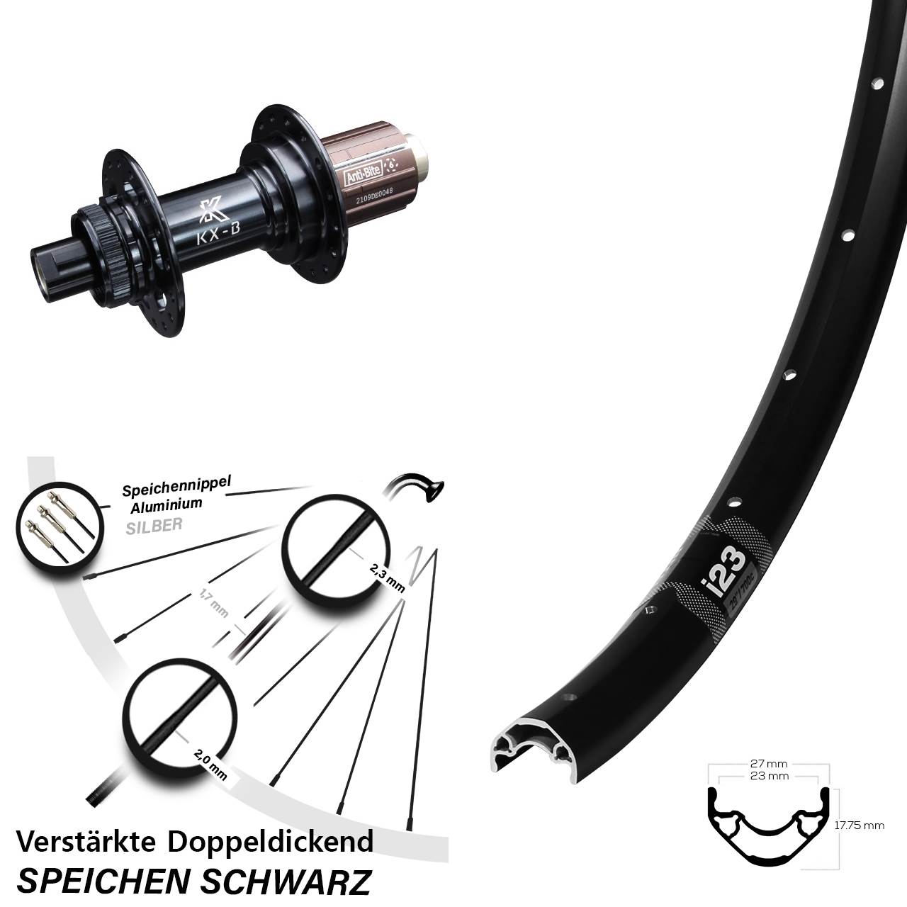 28 Zoll Hinterrad WTB I23 KX-B Centerlock 12x148 8-12 fach HG schwarz
