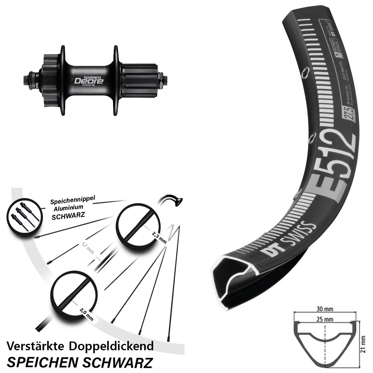 650B DT Swiss E 512 Shimano Deore FH-M525 6-Loch Hinterrad QR 8-11 fach HG