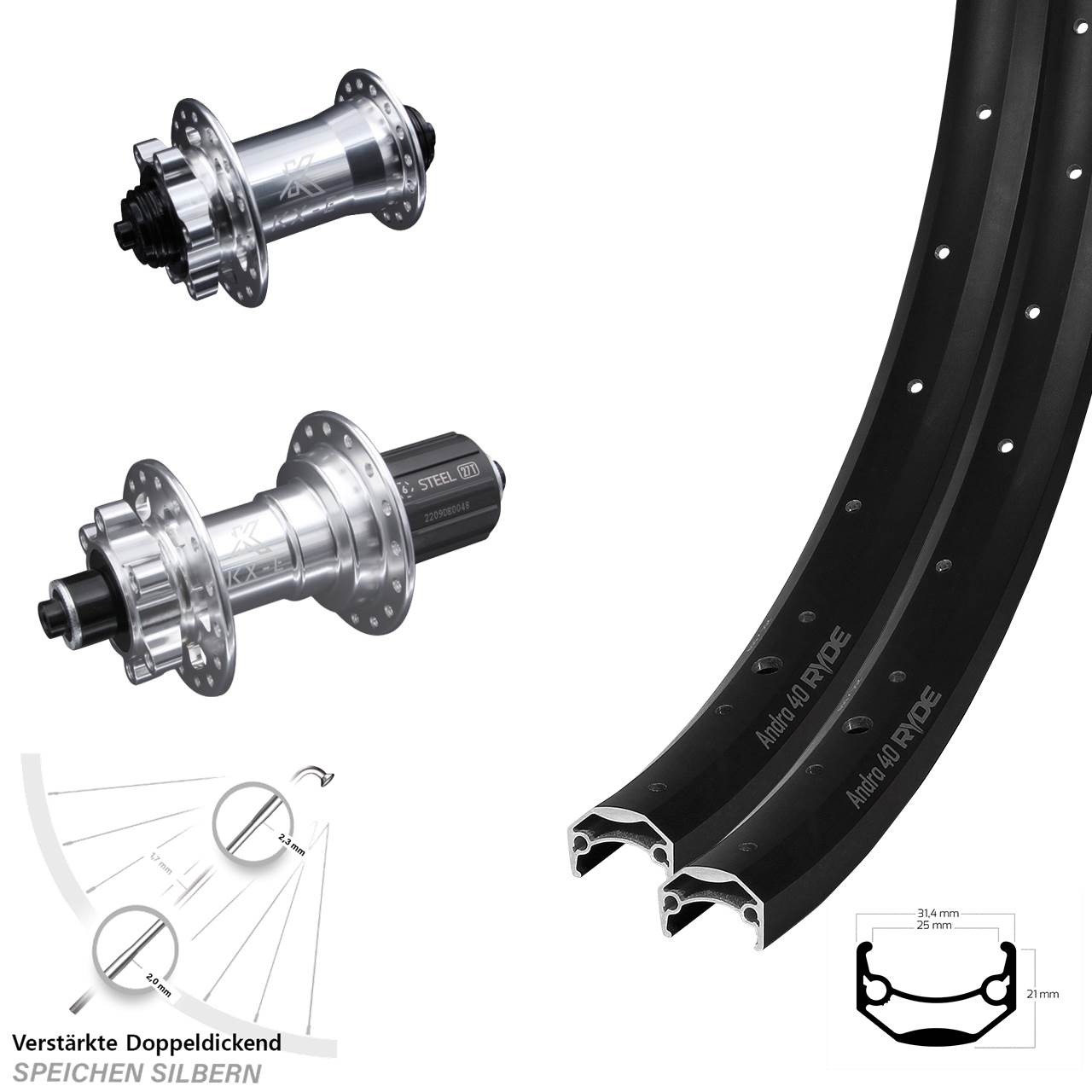 Ryde Andra 40 Disc KX-E Heavy Duty 26 Zoll Laufrad-Satz für Schnellspanner 8-12 fach