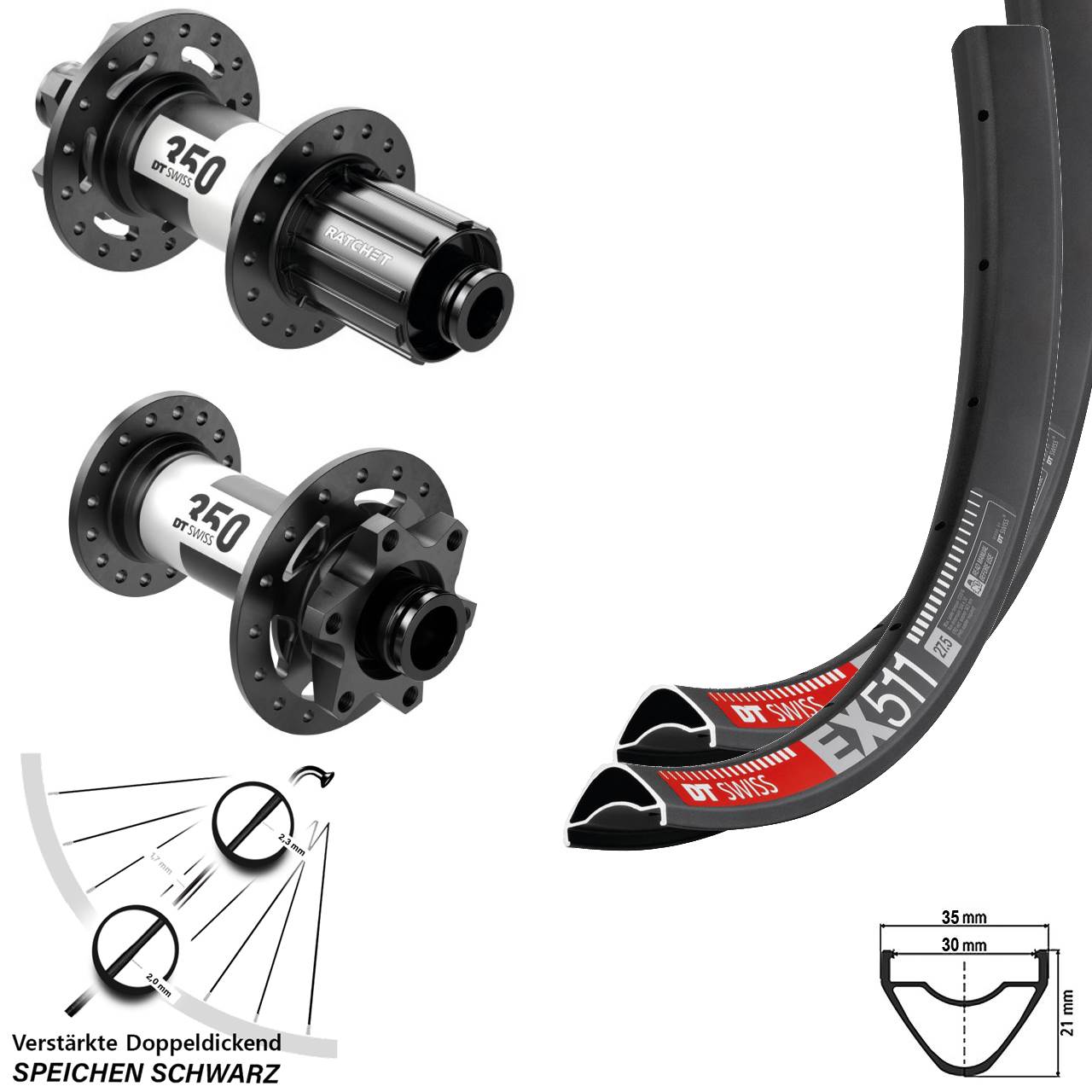 DT Swiss EX 511-350 27,5 Zoll Laufradsatz 6-Loch 15x110 12x148 Boost 8-11 fach
