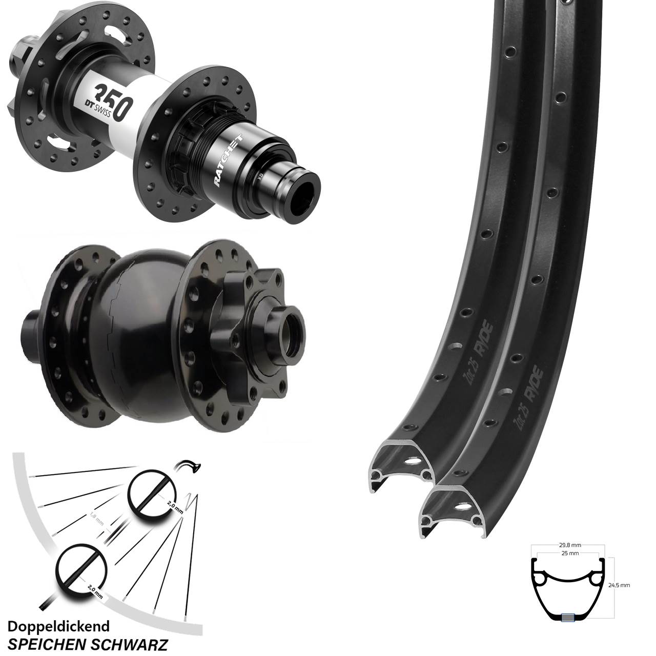 28-29 Zoll Ryde ZAC 25 DT Swiss 350 SON 28 Laufradsatz 6-Loch 15x110 12x148 XD
