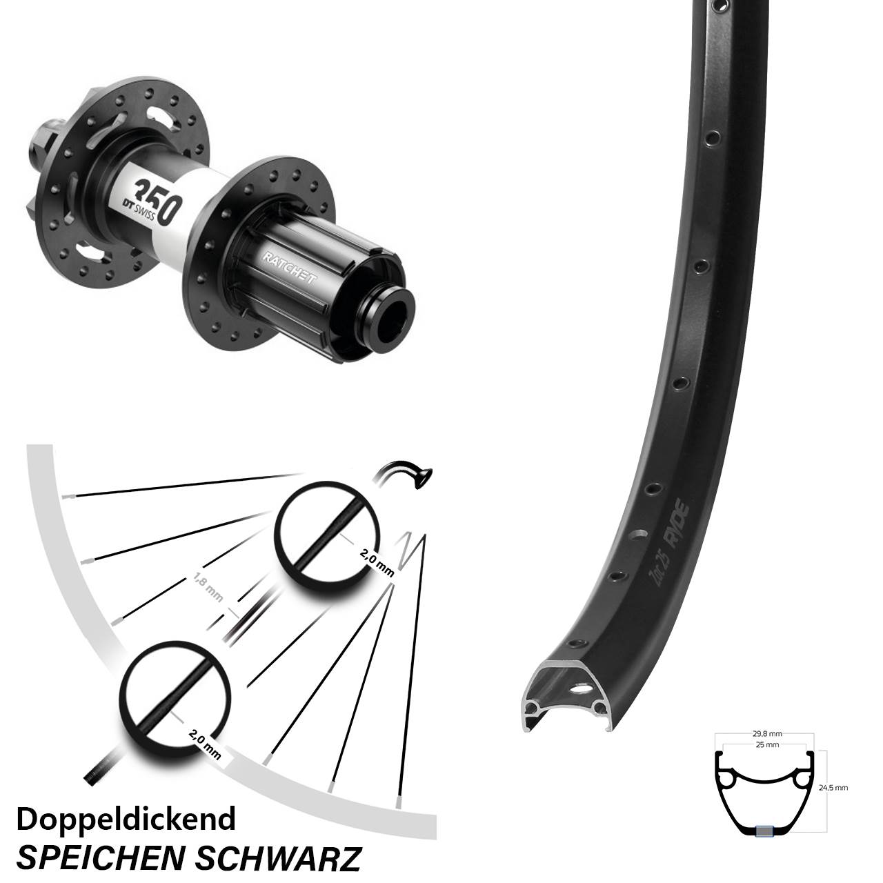 Ryde ZAC 25 DT Swiss 350 28-29 Zoll 6-Loch Hinterrad 12x148 8-11 fach HG