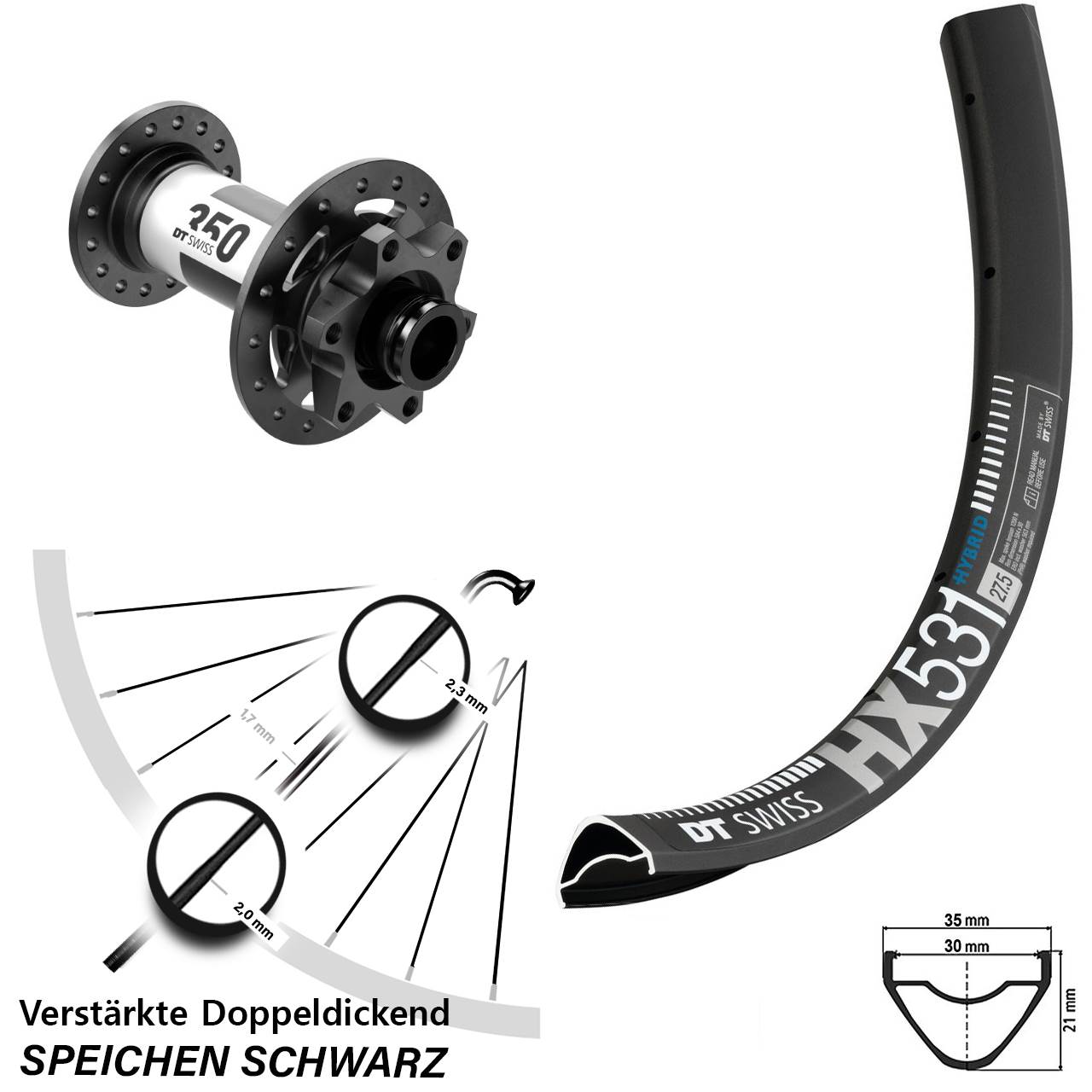 DT Swiss HX 531-350 29 Zoll 6-Loch Vorderrad 15x110 Boost